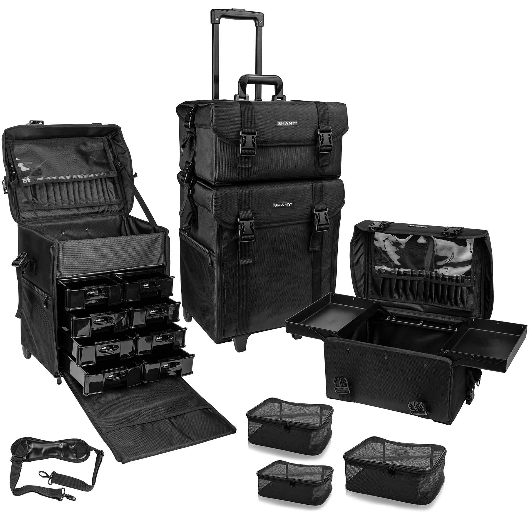 SHANY Professional Makeup Artist Rolling Trolley - Large Cosmetic Case with Organizer Drawers & Mesh Bags - Perfect for Travel, Salon & On-Set Makeup - Jet Black