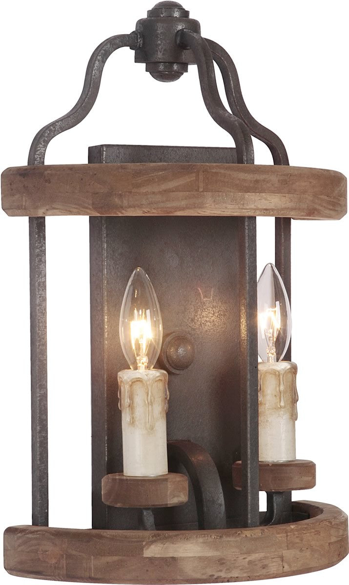 11W Ashwood 2 Light Wall Sconce - Textured Black/Whiskey Barrel Finish - Rustic Lighting Fixture for Bedroom, Living Room & Hallway Decor