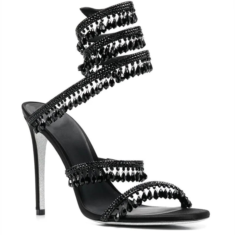 Sexy Crystal Pendant Tassel Women's Sandals - Snake Coiled Stiletto High Heels Gladiator Sandals for Summer, Wedding & Party | Elegant Evening Wear & Special Occasion Shoes