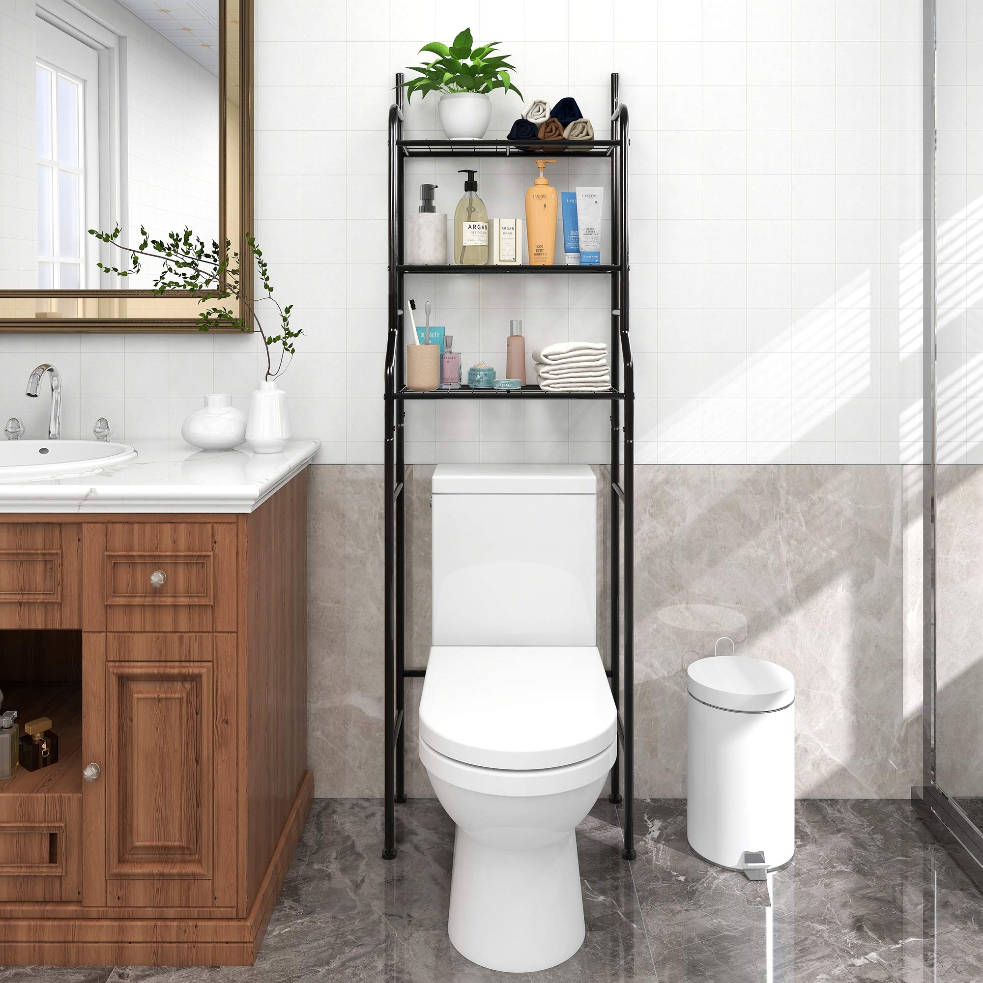 3-Tier Over The Toilet Storage Organizer - Space Saving Bathroom Shelf Unit with Corner Design for Towels, Toiletries & Cosmetics | Perfect for Small Bathrooms, Apartments & Dorm Rooms (Black)