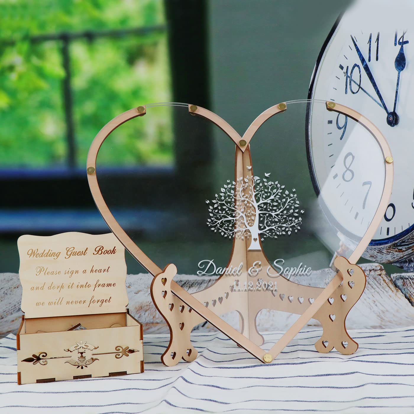 Personalized Tree Heart Drop Guest Sign with Box & Small Hearts - Rustic Wedding Guest Book Alternative for Weddings, Anniversaries & Birthdays | Perfect for Rustic Decor, Reception Keepsake & Special Event Memories (Style8, Heart)