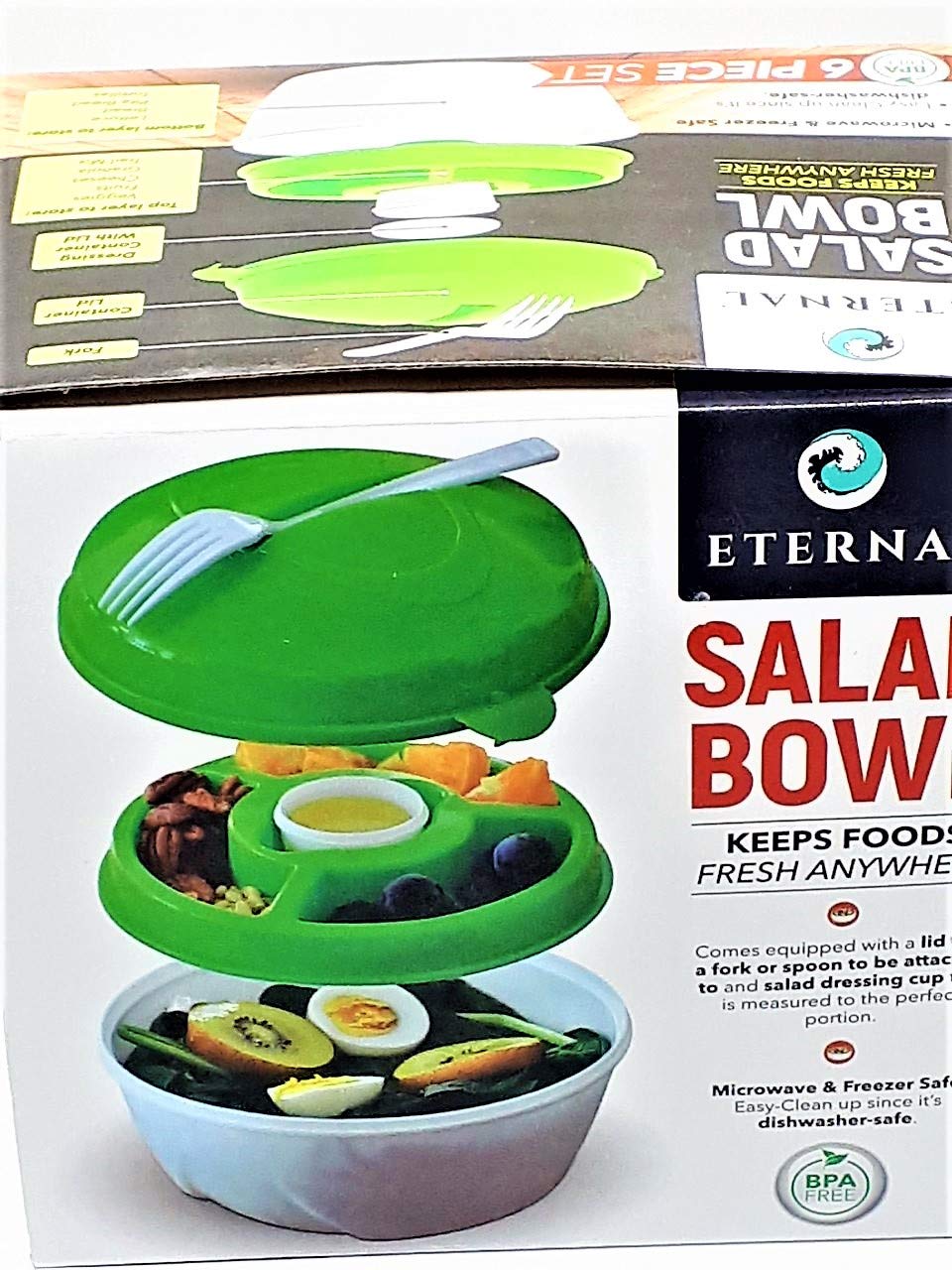Eternal Healthy Eating Salad Bowl & Lunch Box Set - 6 Piece BPA-Free, Leak-Proof Containers with Fork - Large Green Containers for Office Lunch, Meal Prep & Picnics
