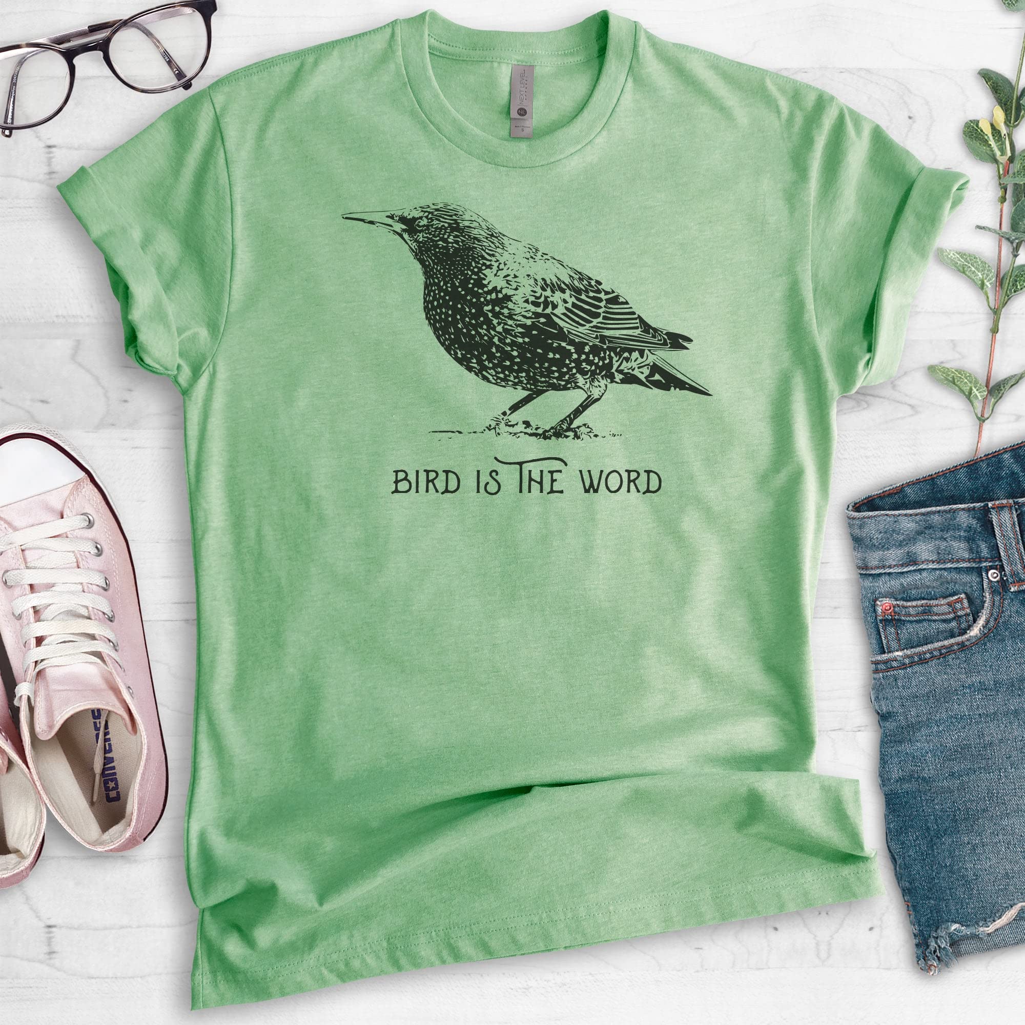Bird is The Word Shirt - Unisex Graphic Tee for Men & Women - Cute Animal Lover T-Shirt in Heather Apple Green - Large Size - Perfect for Casual Wear, Gifts & Bird Watching Enthusiasts
