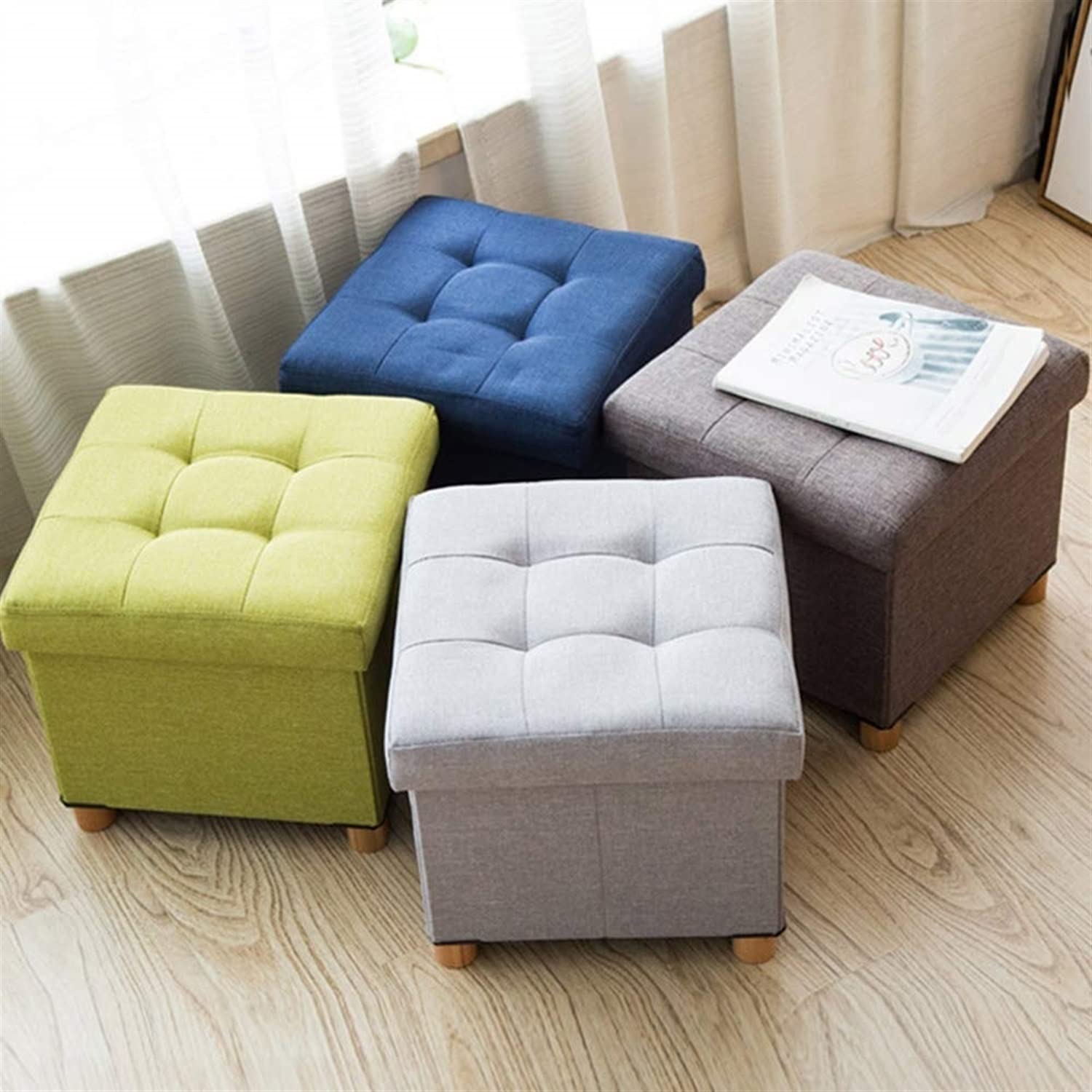 Foldable Storage Ottoman with Removable Linen Cover - Multifunctional Square Footrest, Shoe Stool & Sofa Seat - Space-Saving Storage Box for Living Room, Bedroom & Entryway (Gray) - Perfect for Home Organization, Extra Seating & Shoe Storage