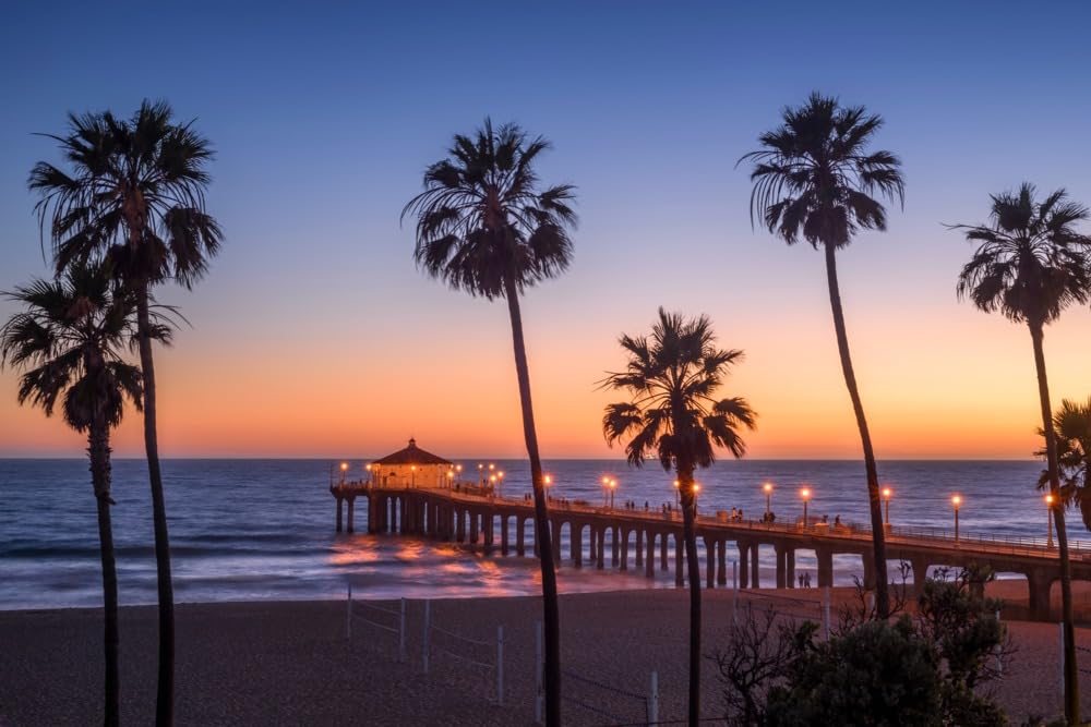 Lantern Press Manhattan Beach Pier Sunset Photography - Los Angeles California Wall Art (24x36 Wrapped Canvas) - Perfect for Living Room, Bedroom & Office Decor