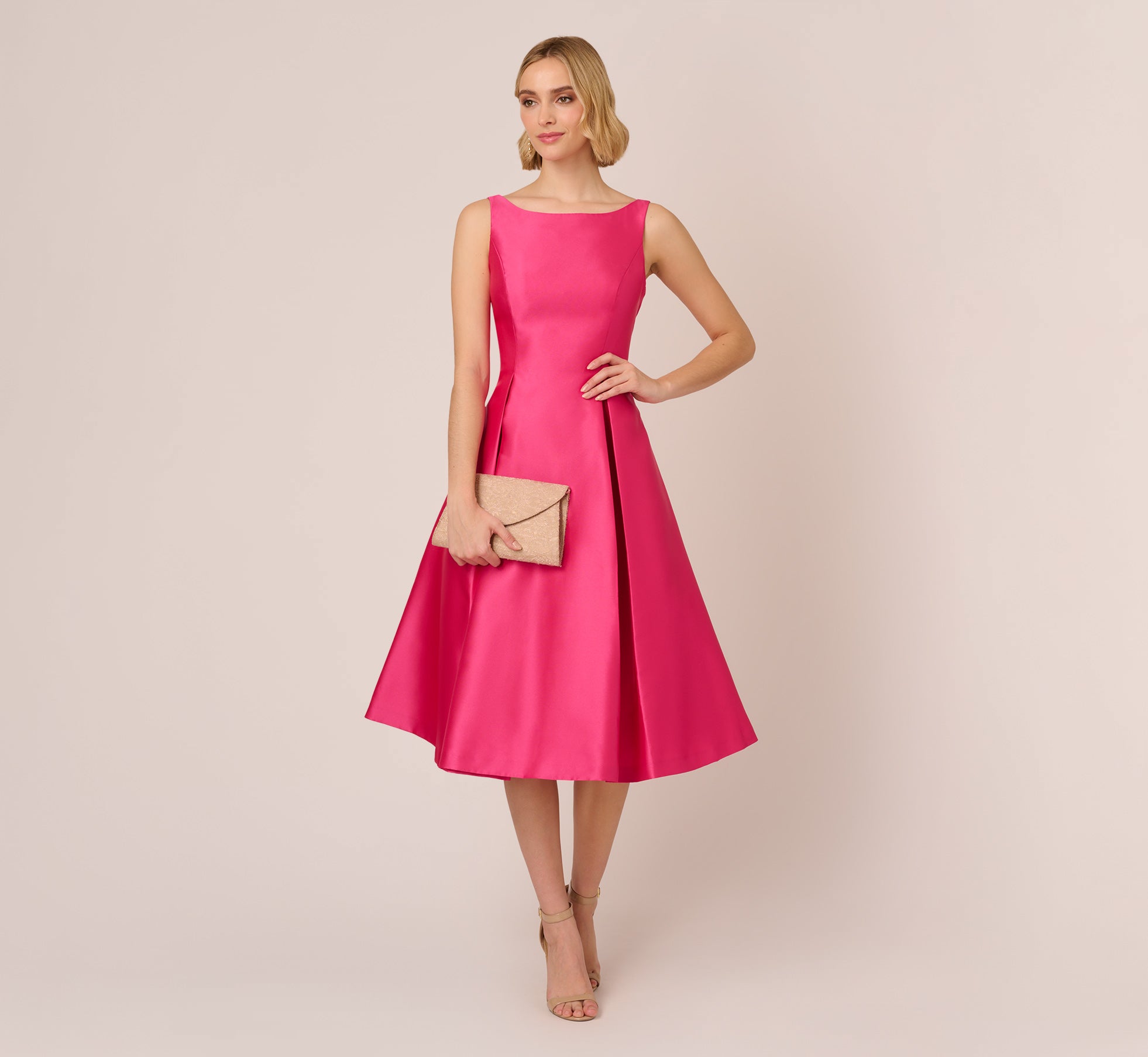 Electric Pink Sleeveless Mikado Fit and Flare Midi Dress with V Back - Perfect for Summer Weddings, Cocktail Parties & Date Nights