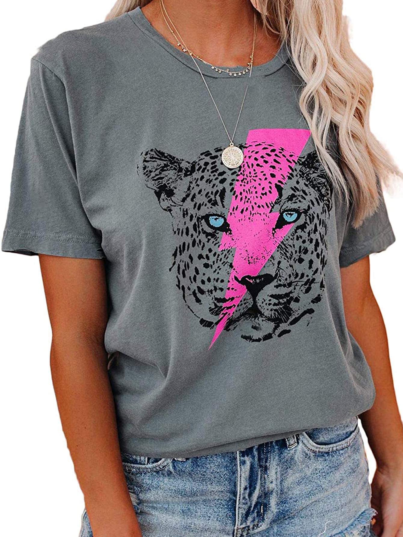LilyCoco Women's Leopard Print T-Shirt with Lightning Bolt Graphic - Short Sleeve Summer Tee for Casual Wear, Street Style & Festival Outfits