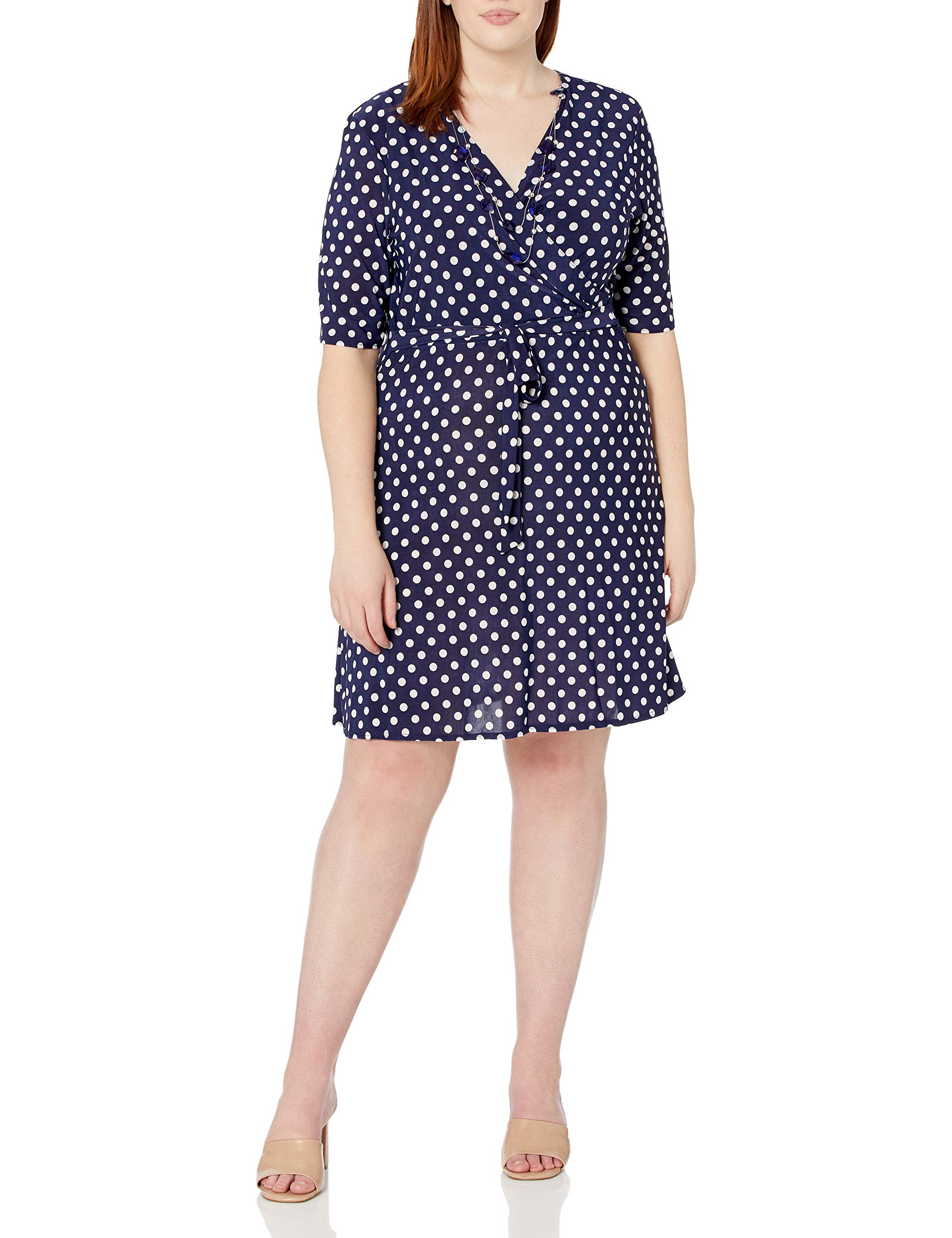 Star Vixen Women's Faux-Wrap Dress with Necklace - Elegant Stretchy Midi Dress for Work, Date Night & Special Occasions