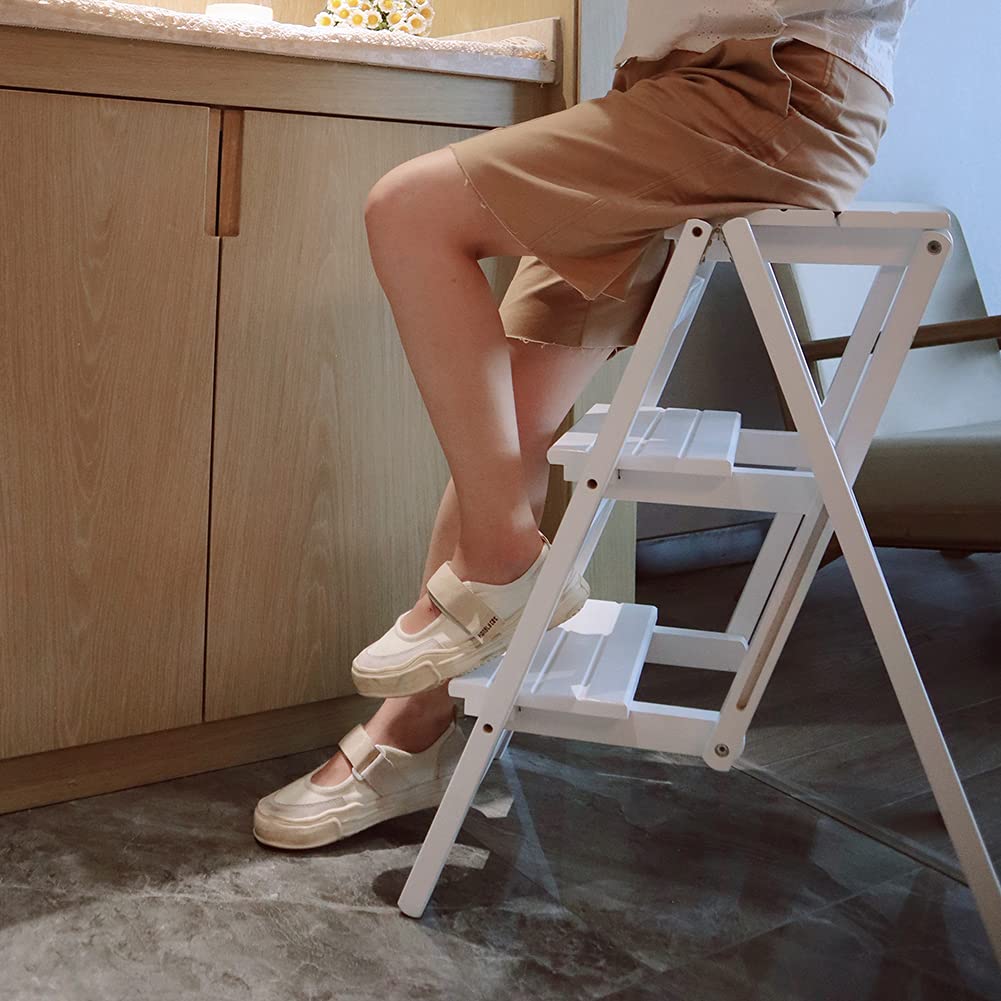 XHALERY 3-Tier Foldable Wooden Step Stool for Home, Portable Indoor Ladder Stool with Non-Slip Steps - White (Perfect for Kitchen, Bathroom & Kids' Room)