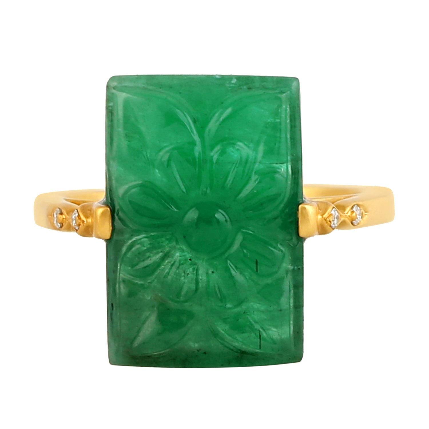 18K Yellow Gold Carved Emerald Gemstone Pave Diamond Designer Ring for Women | Elegant Jewelry Gift for Anniversary, Engagement & Special Occasions