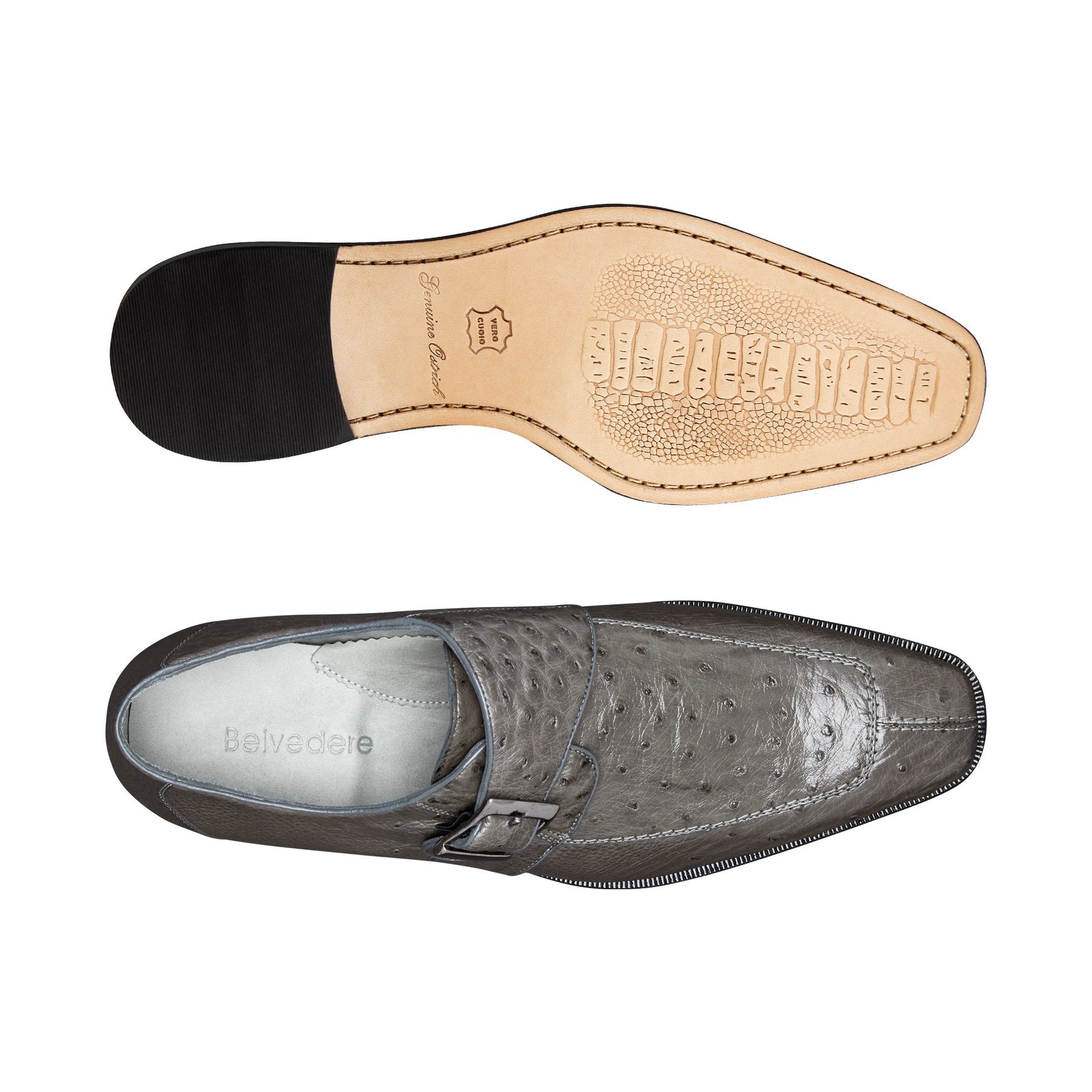 Belvedere Josh Genuine Ostrich Leather Dress Shoes for Men - Gray Single Buckle Formal Shoes (114011) | Perfect for Business Meetings, Weddings & Special Occasions