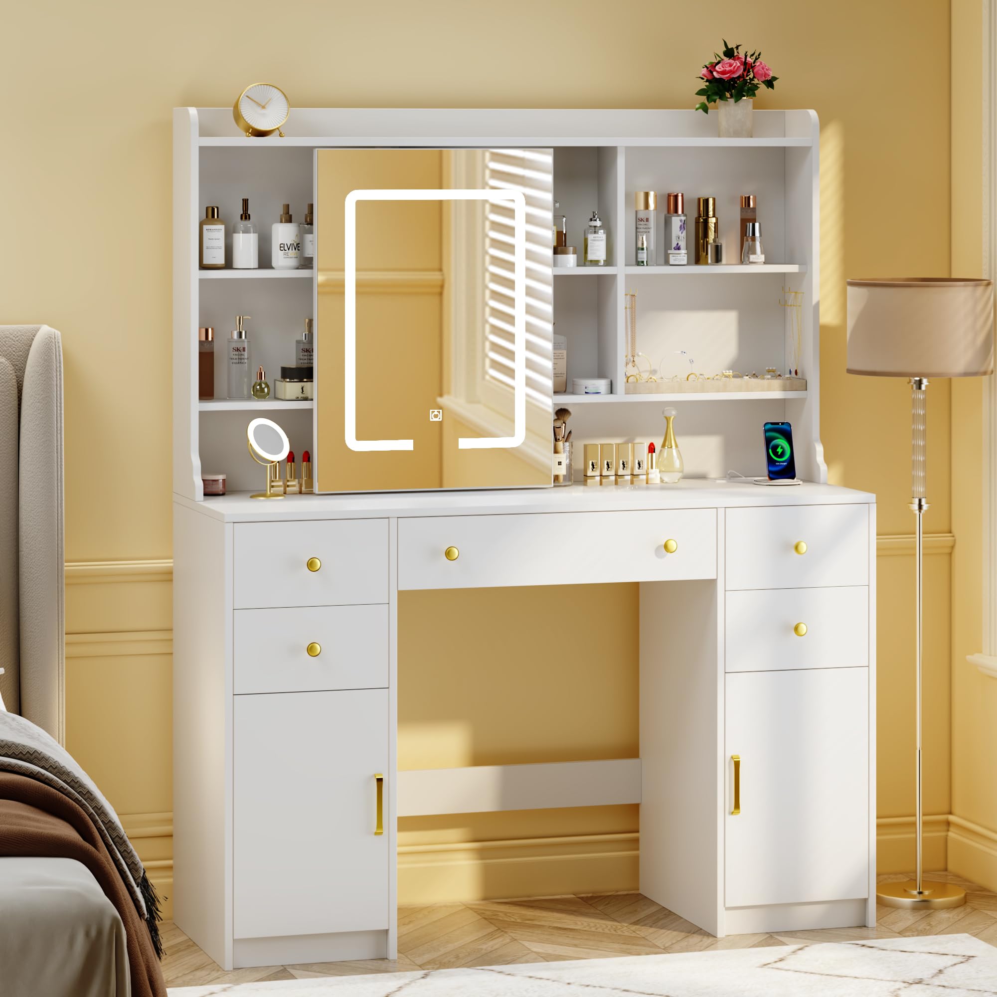 Vanity Desk with Mirror and Lights - Adjustable LED Mirror, 3 Lighting Modes, 5 Drawers & 2 Storage Cabinets - White Dressing Table for Bedroom, Makeup & Beauty Room Organization
