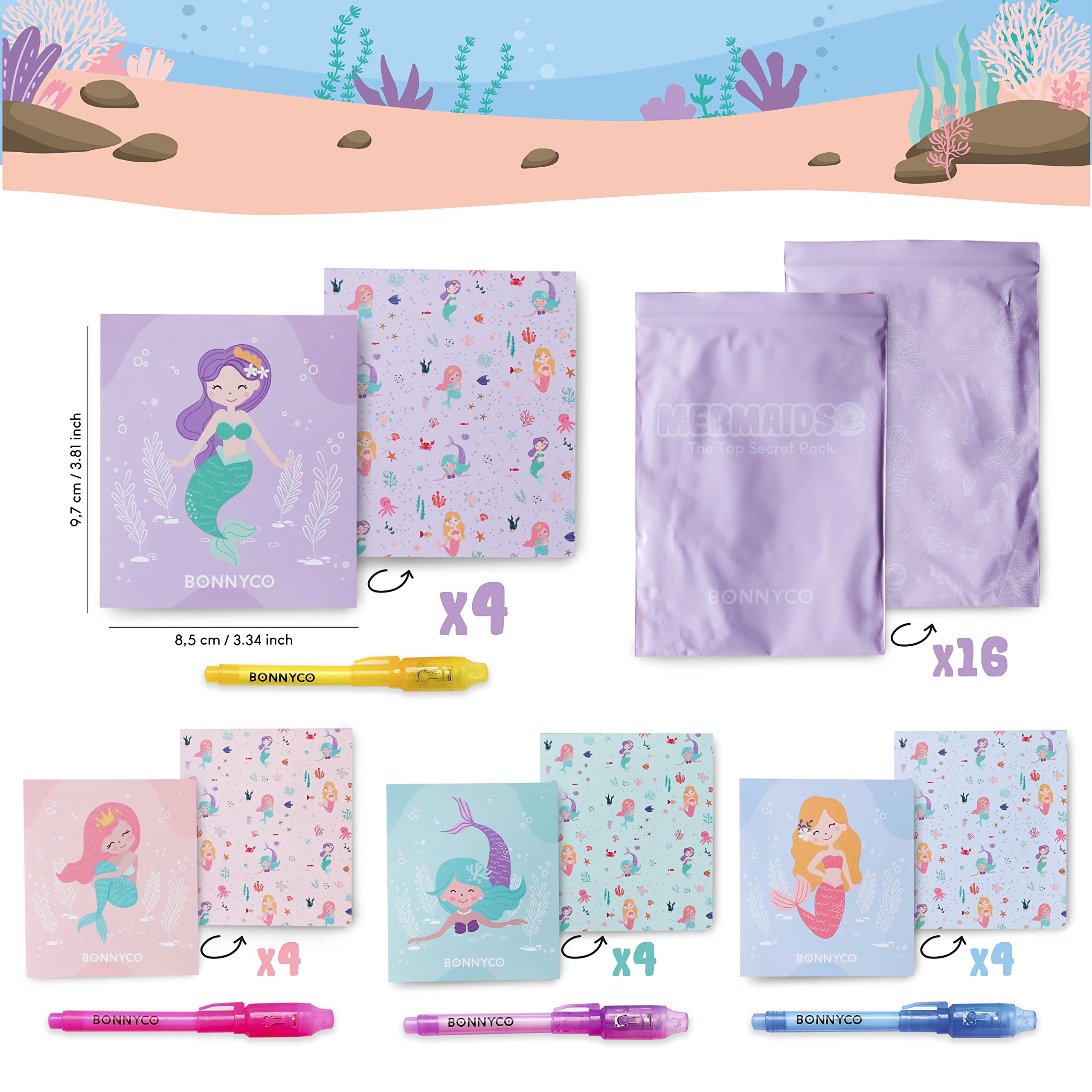 BONNYCO 16-Pack Invisible Ink Pen and Notebook Set for Kids - Mermaid Themed Spy Writing Kit, Magic Secret Message Pens for Birthday Party Favors & School Prizes | Perfect for Mermaid Parties, Classroom Rewards & Creative Play
