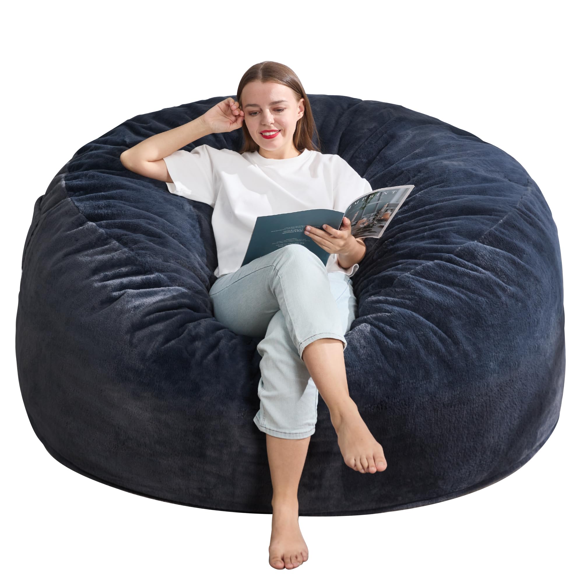 Hobestluk 5ft Large Bean Bag Chair for Adults - Plush Faux Fur Cover, Oversized Beanbag Chair for Living Room, Bedroom, Dorm & Office - Dark Grey (50”x50”x24”) - Perfect for Lounging, Gaming & Relaxation