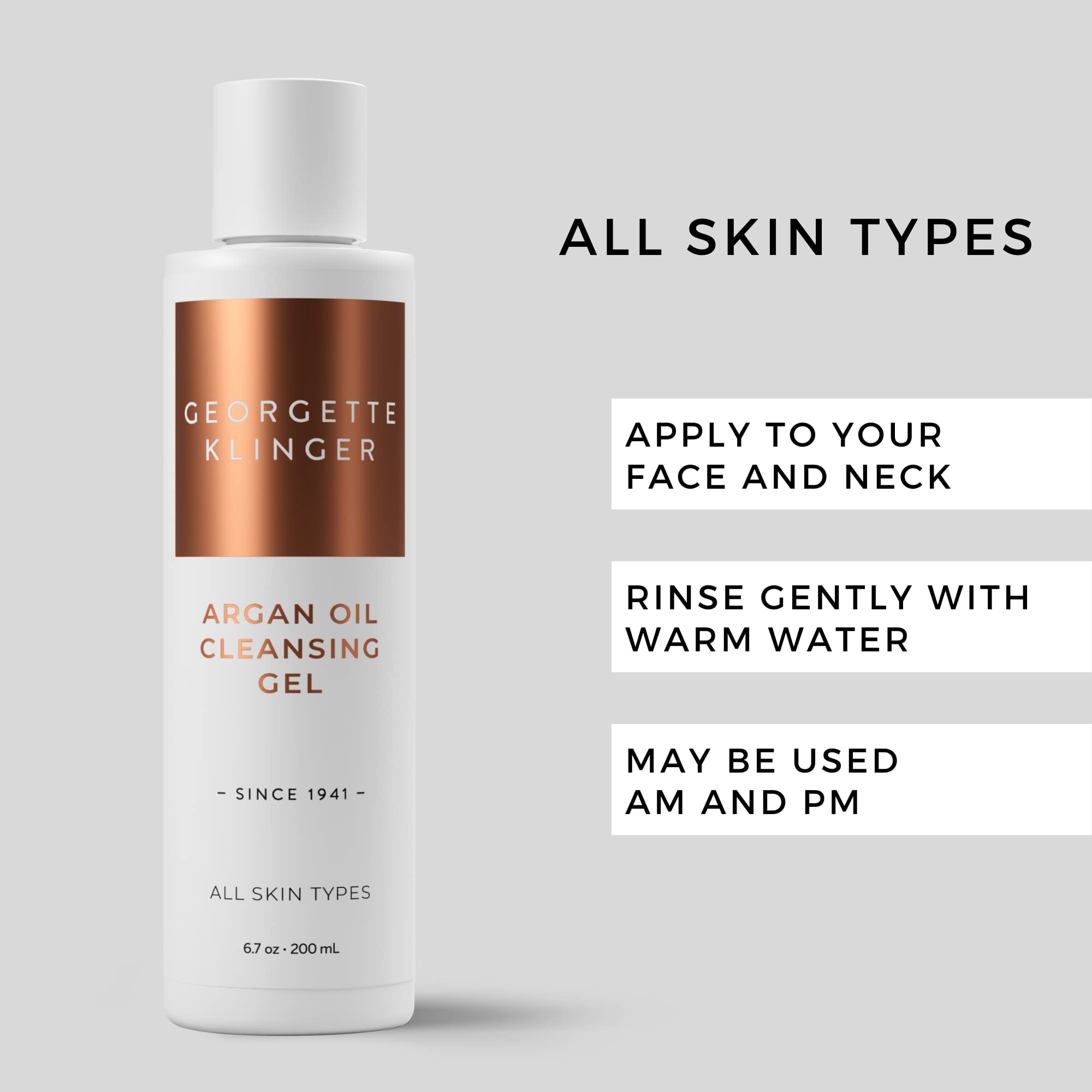 Georgette Klinger Argan Oil Cleansing Gel - Nourishing & Moisturizing Face Wash with Antioxidant-Rich Argan, Olive & Bergamot Oils - Deeply Cleanses Dirt, Makeup & Excess Oil - 6.7 oz - Perfect for Daily Skincare Routine & Makeup Removal