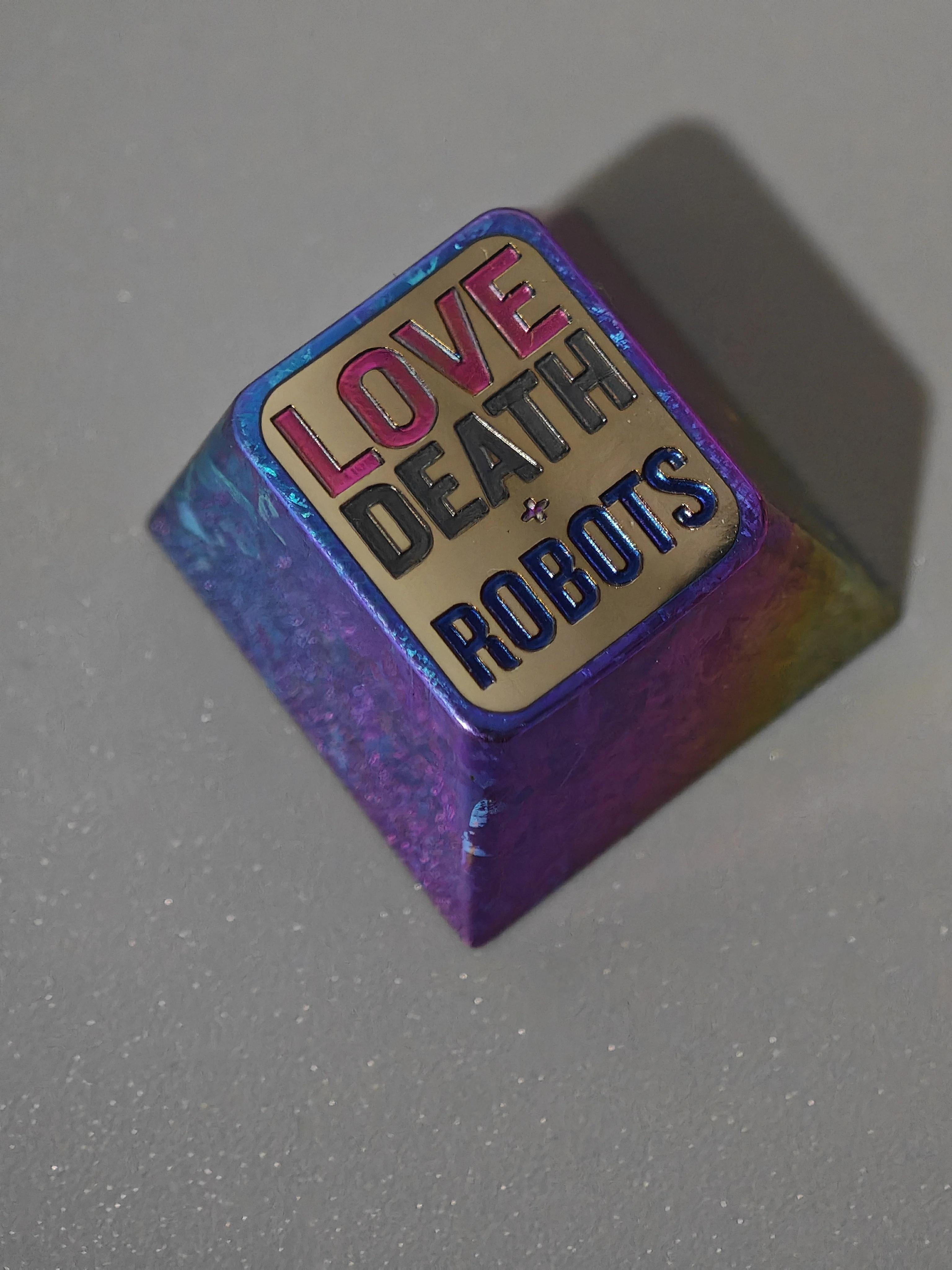 Love, Death & Robots Themed 1.75U/1U Titanium Alloy Engraved Keycaps - Custom Mechanical Keyboard Artisan Keycaps for Gaming & Typing Enthusiasts - Perfect for PC Builds, Gift Giving & Keyboard Customization