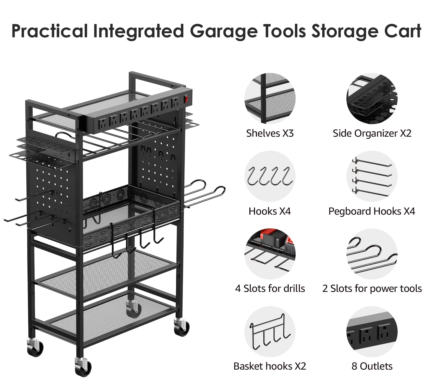 CCCEI Rolling Tool Cart with Charging Station - Mobile Garage Storage Organizer for Power Tools, Drills & Batteries - Heavy Duty Utility Cart with Wheels & Power Strip - Perfect for Mechanics, DIY Workshops & Home Garage Organization (Black)