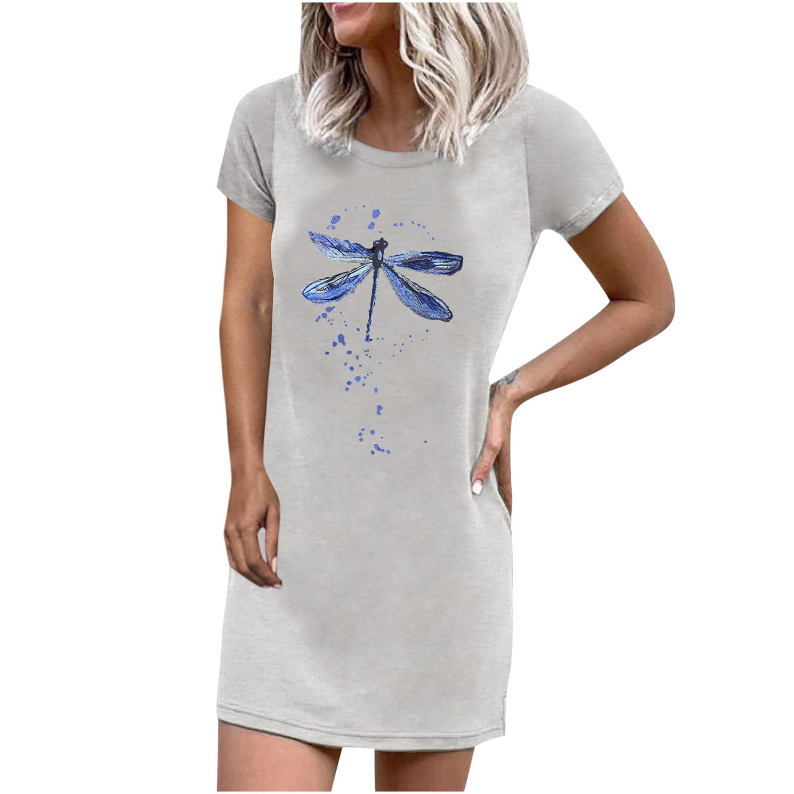 bmkBWO Women's Dragonfly Printed T-Shirt Dress - Short Sleeve Crewneck Loose Mini Shift Dress for Casual Wear | Perfect for Summer Outings, Beach Cover-ups & Everyday Fashion