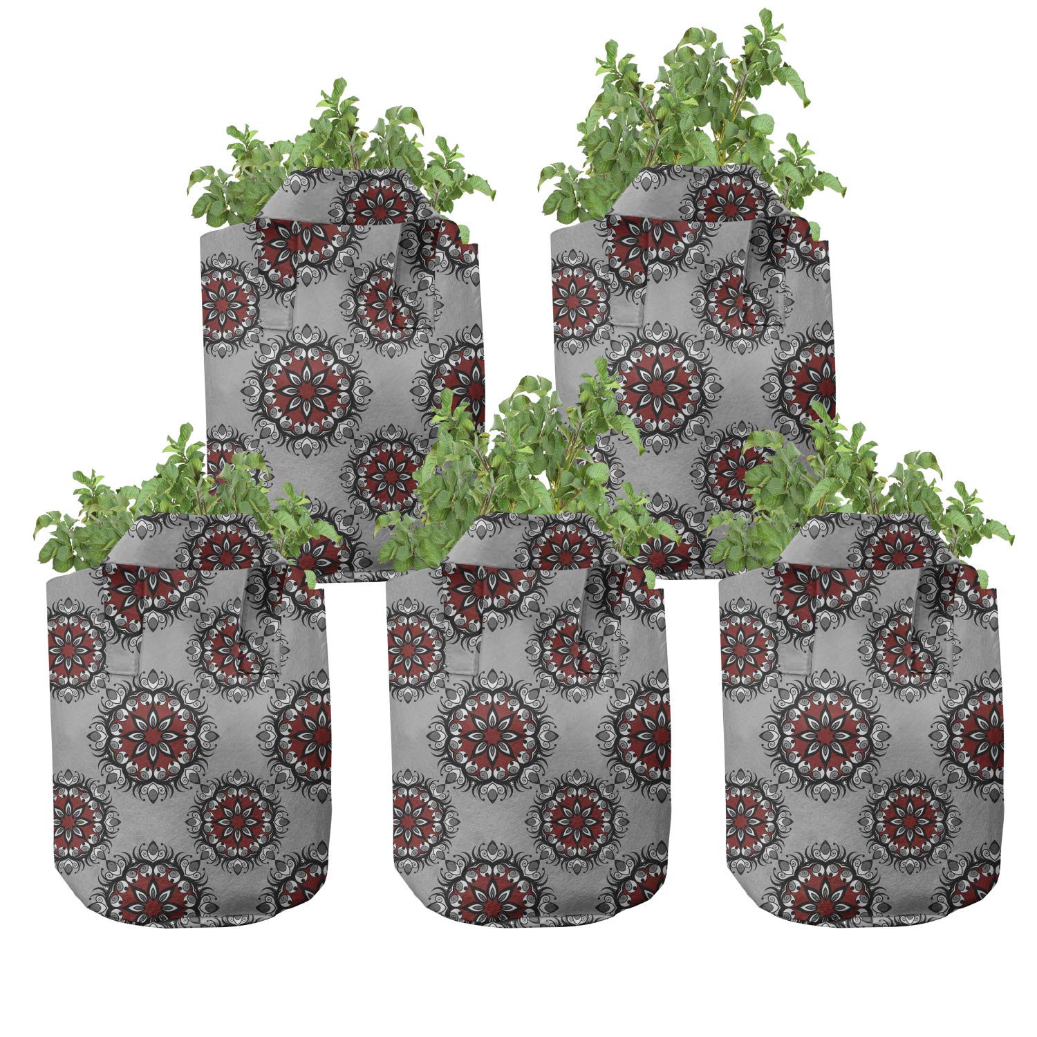 Ambesonne 5-Pack Burgundy Grow Bags - Heavy Duty Fabric Plant Pots with Handles, Moroccan Flower Rose Art Design in Pale Grey & Burgundy for Indoor/Outdoor Gardening, Vegetables, Herbs & Flowers