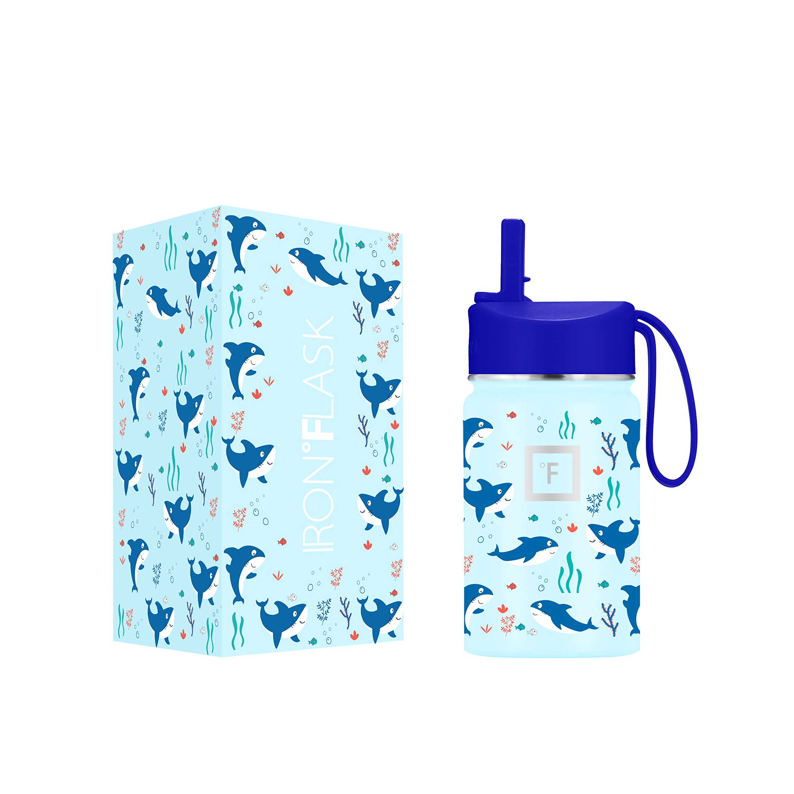 **IRON °FLASK Kids Water Bottle with Straw Lid - 10oz Vacuum Insulated Stainless Steel Tumbler, Includes 20 Name Stickers - Double Wall Thermos Mug for School, Travel & Outdoor Activities - Iron Shark Design**