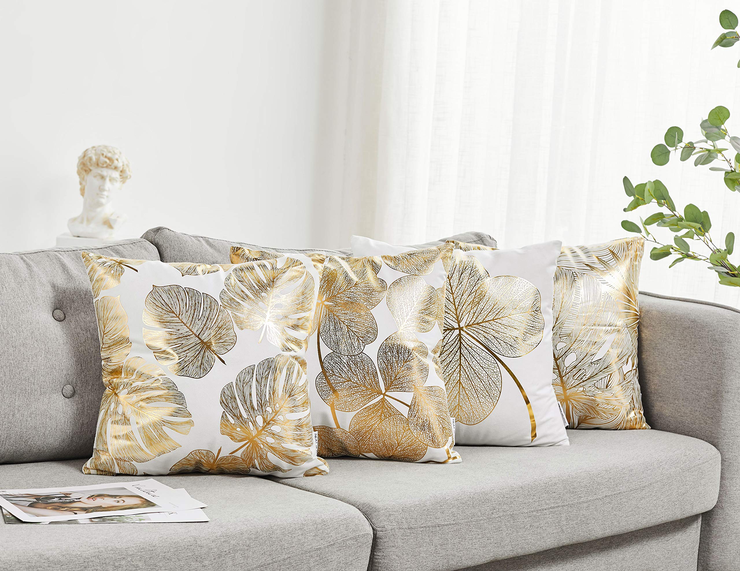 4 Pack Gold Foil Leaf Print Decorative Throw Pillow Covers 20x20 Inches (50x50cm) - Luxury Couch, Bedroom & Car Decor Accent Pillow Cases for Home, Living Room, Sofa and Office Decor