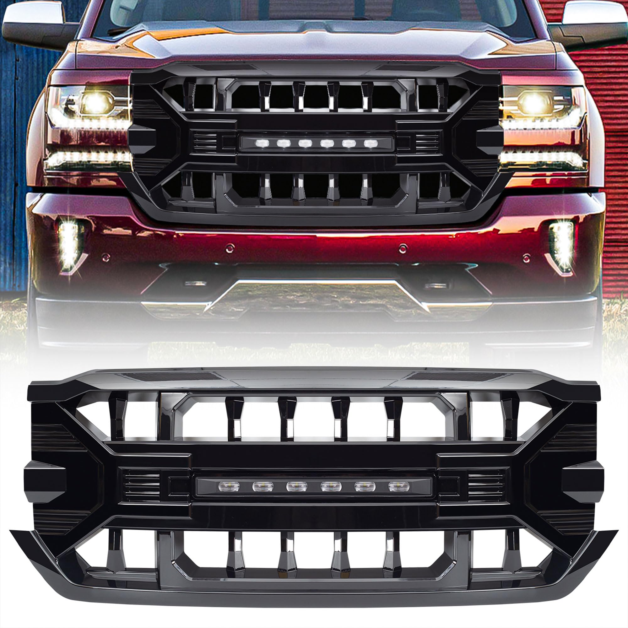 2016-2019 Chevrolet Silverado 1500 Off-Road Grille with LED Lights | Gloss Black Heavy Duty Front Bumper Guard | Perfect for Truck Modifications & Night Driving
