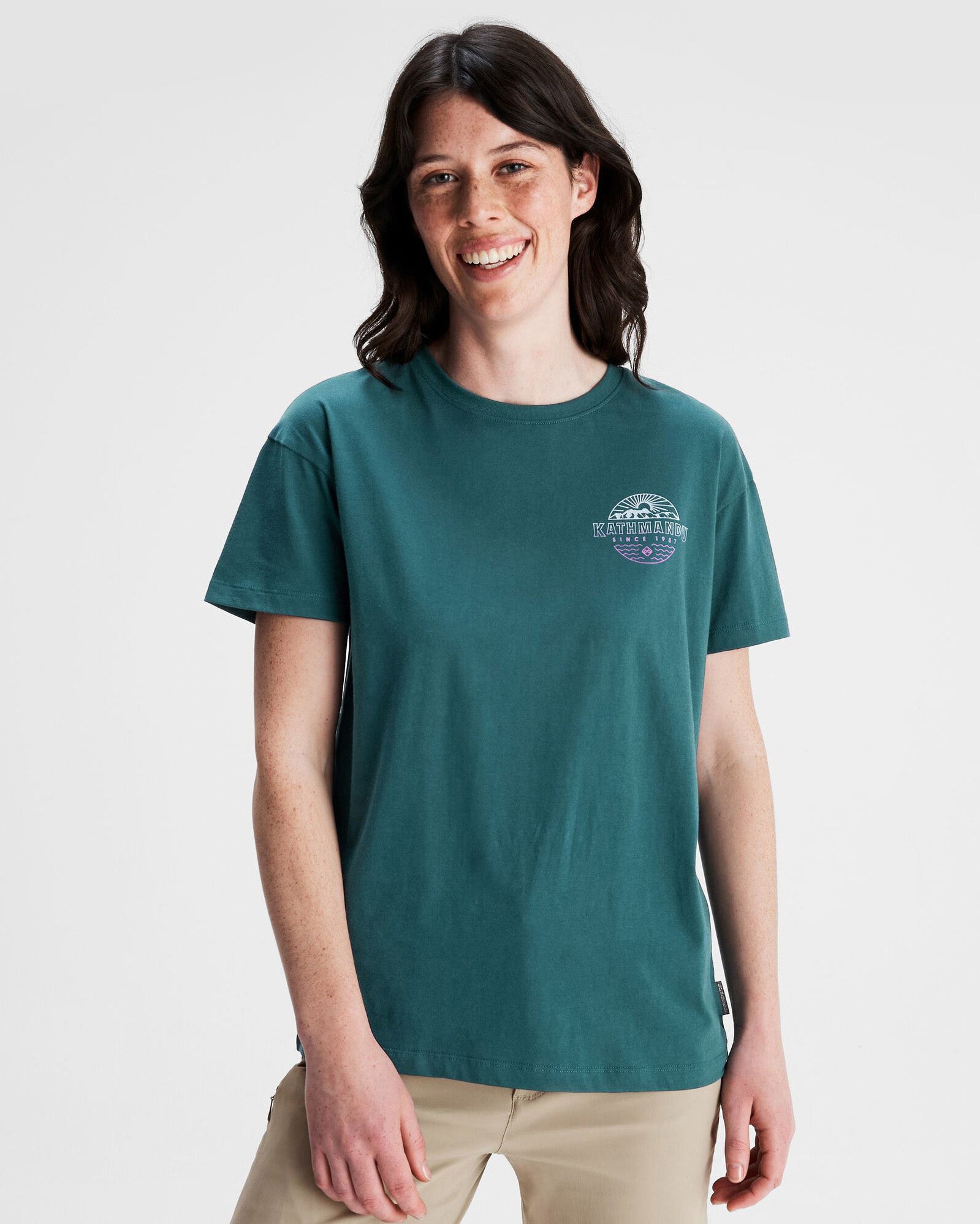 Women's Kathmandu Logo Faded Organic Cotton T-Shirt - Deep Lagoon | Eco-Friendly Casual Tee for Outdoor Adventures & Everyday Wear