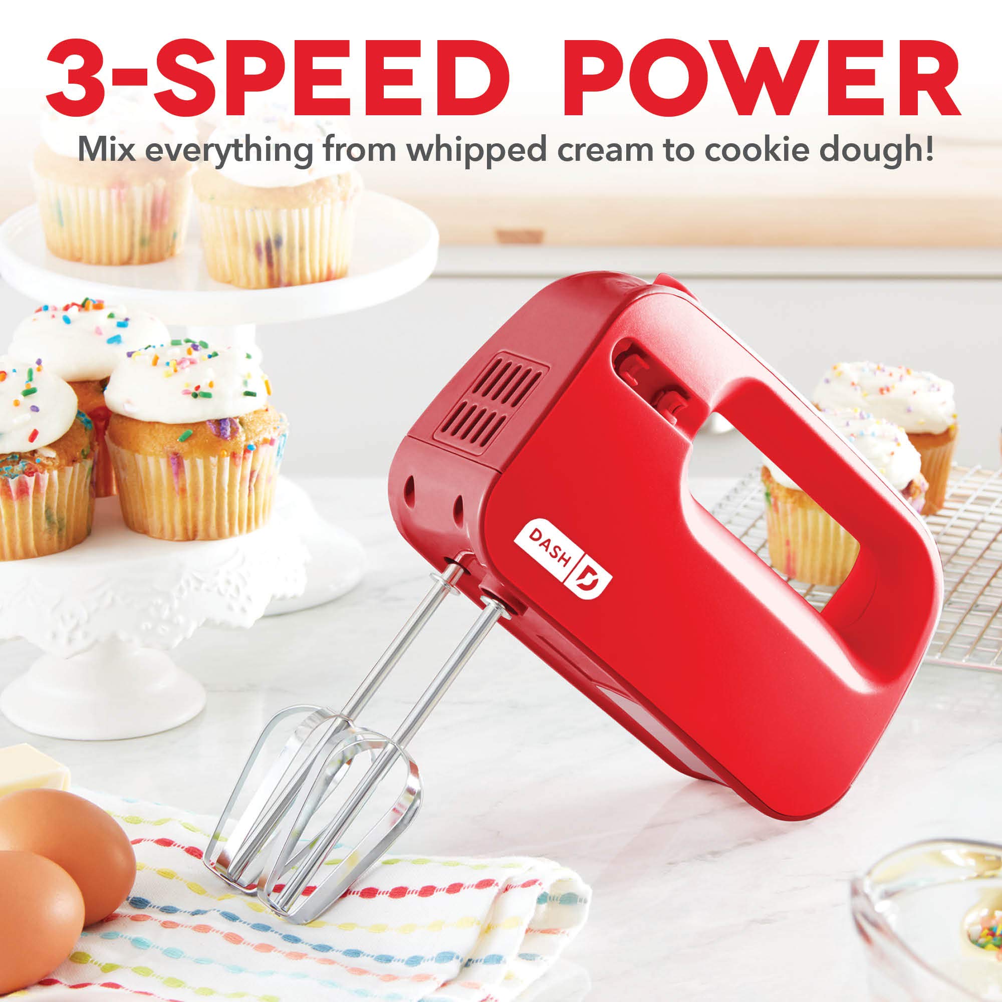 Dash SmartStore™ Deluxe Compact Electric Hand Mixer with Whisk & Milkshake Attachment - 3 Speed, 150W, Red - Perfect for Baking Cookies, Cakes, Brownies, Dough & More - Ideal for Home Kitchen, Baking Enthusiasts & Small Batch Cooking