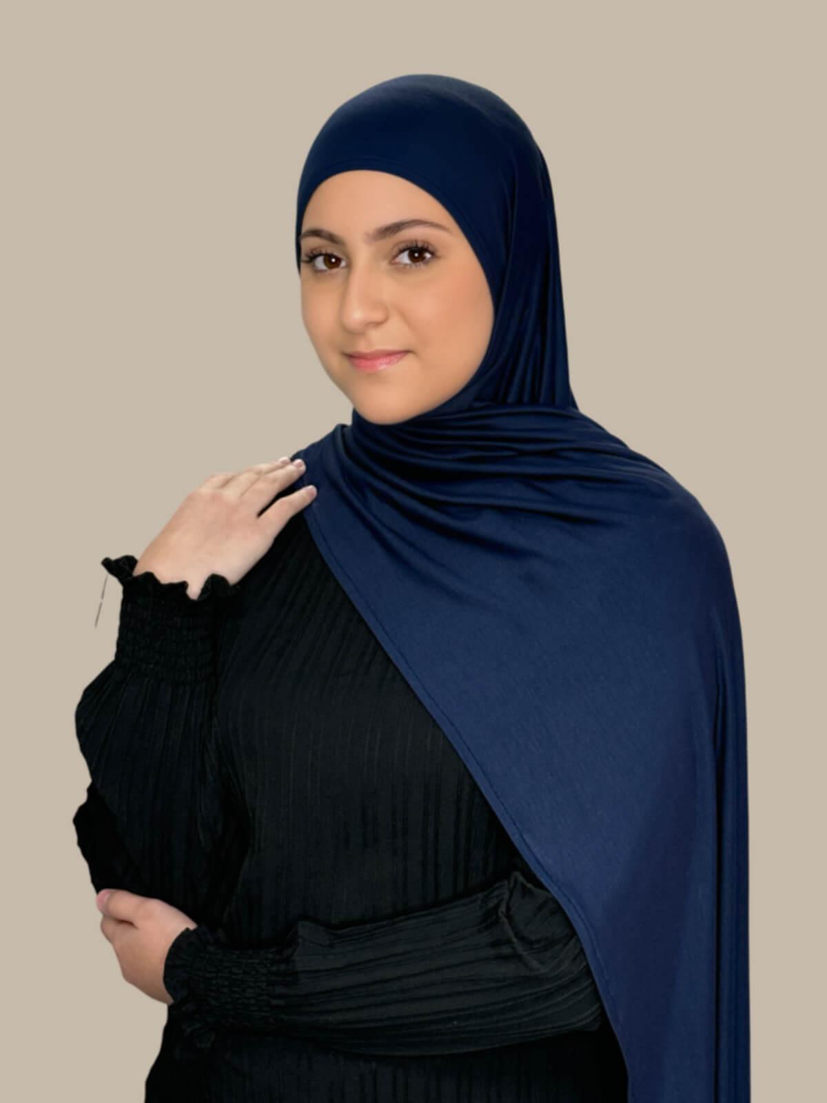 Stylish Pre-Sewn Jersey Hijab for Women - Navy Blue | Comfortable & Modest Headscarf for Daily Wear, Work, and Prayer