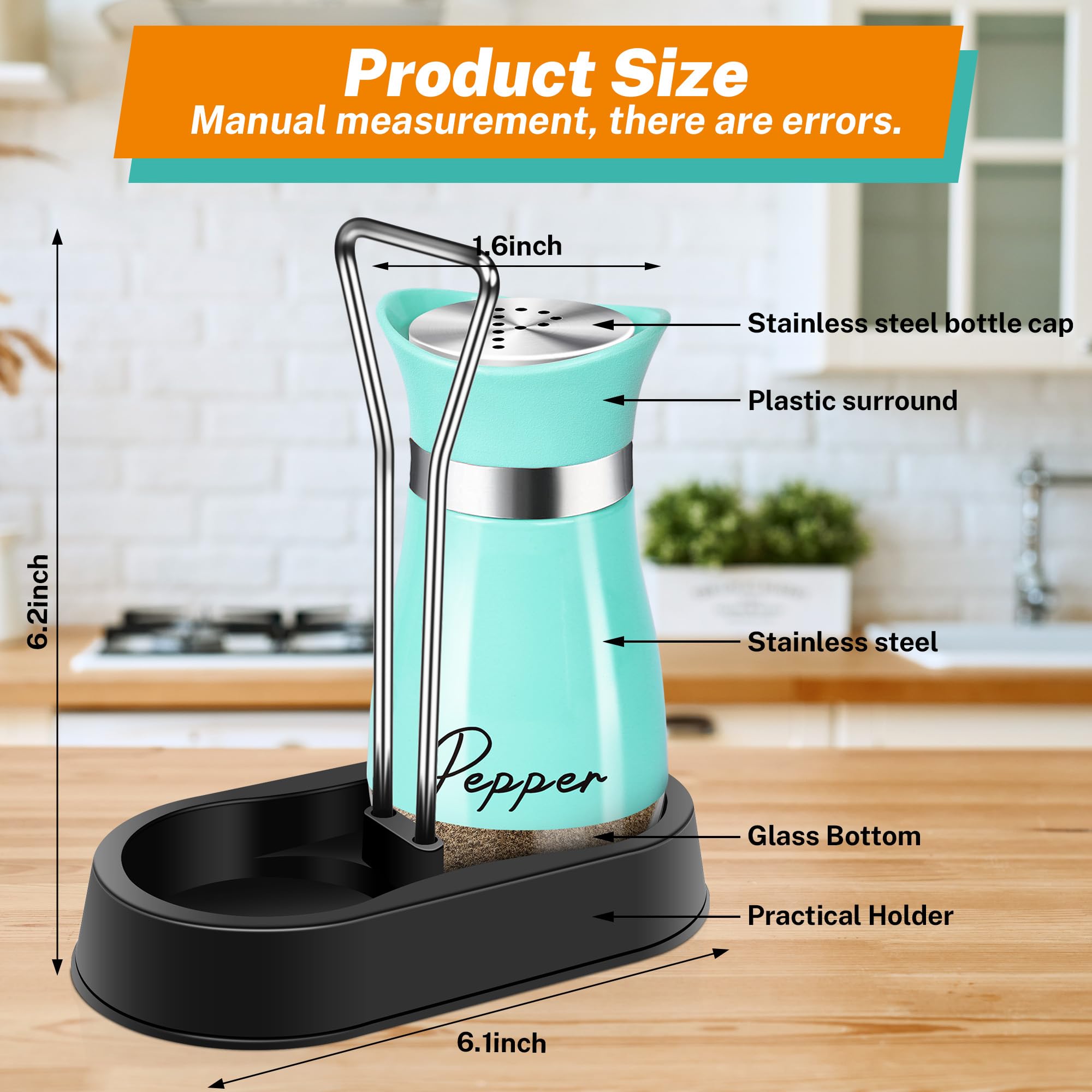 Turquoise Salt and Pepper Shakers Set with Holder - 4 oz Farmhouse Kitchen Decor, Refillable Tabletop Accessories - Perfect for Housewarming Gifts, Christmas Decor & Rustic Dining Table Setting (Teal)