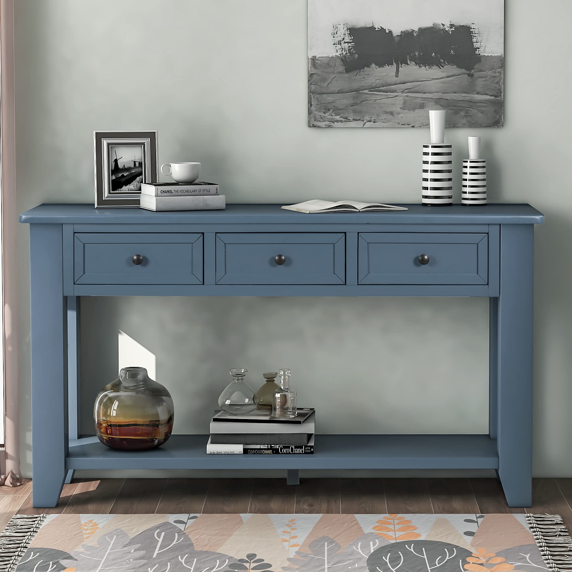 P PURLOVE Blue Console Table with 2 Drawers & Shelf - Entryway Sofa Table for Living Room, Hallway, Bedroom - Modern Narrow Hall Table for Small Spaces & Home Decor