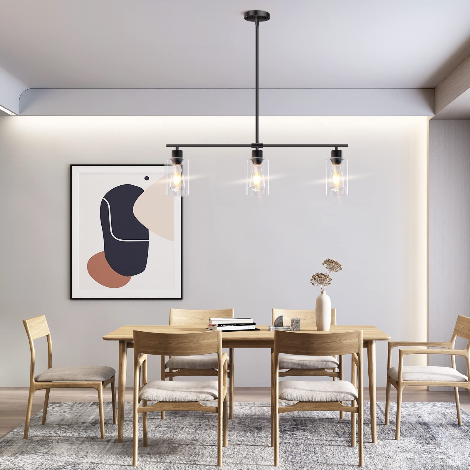 Modern Black 3-Light Linear Chandelier - Rectangle Pendant Lighting Fixture with Glass Shades for Kitchen Island, Dining Room & Farmhouse Decor | Perfect for Breakfast Nooks, Open Concept Kitchens and Rustic Dining Areas