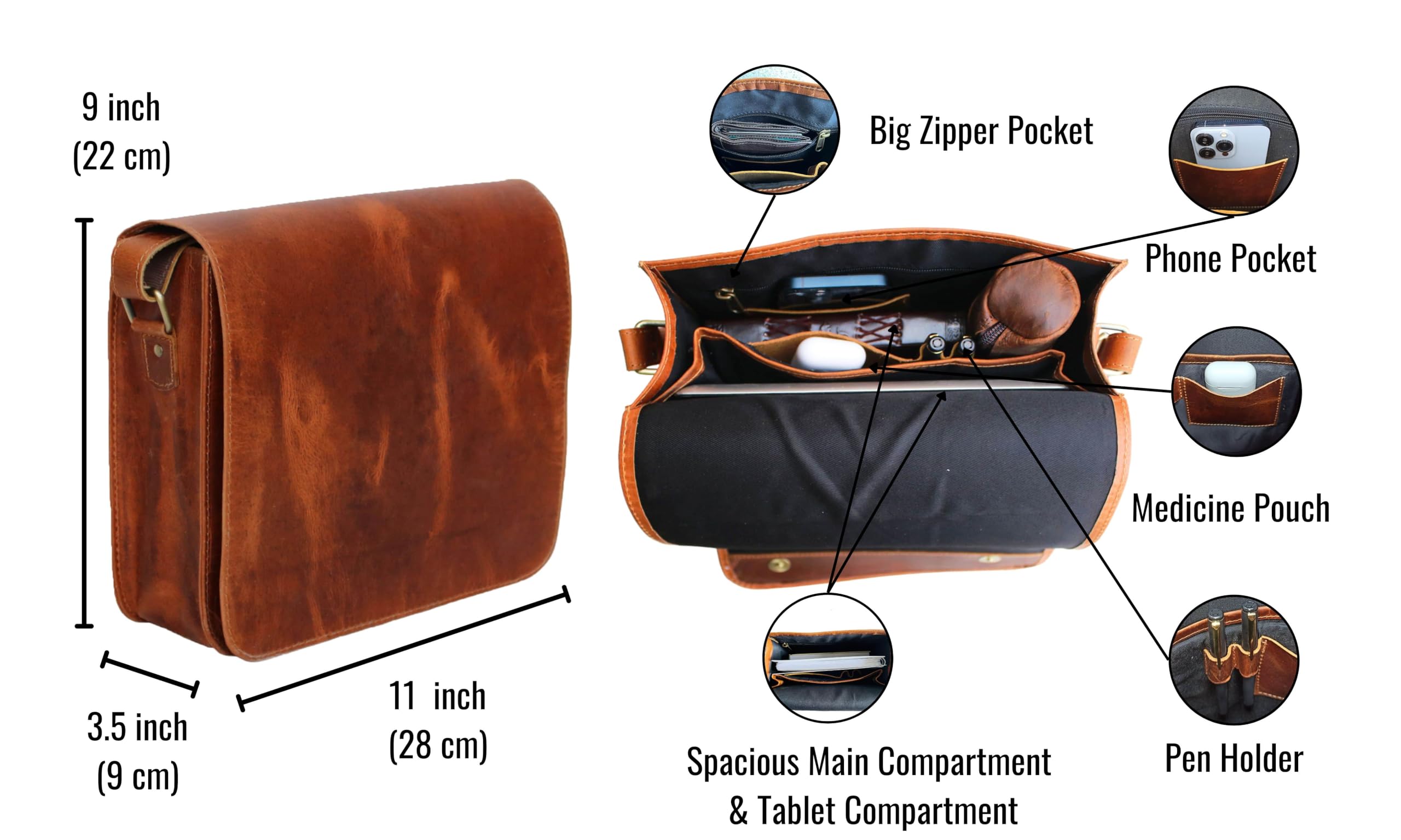 Leather Messenger Bag for Laptop & Office - Men's Distressed Shoulder Briefcase for Work & Travel
