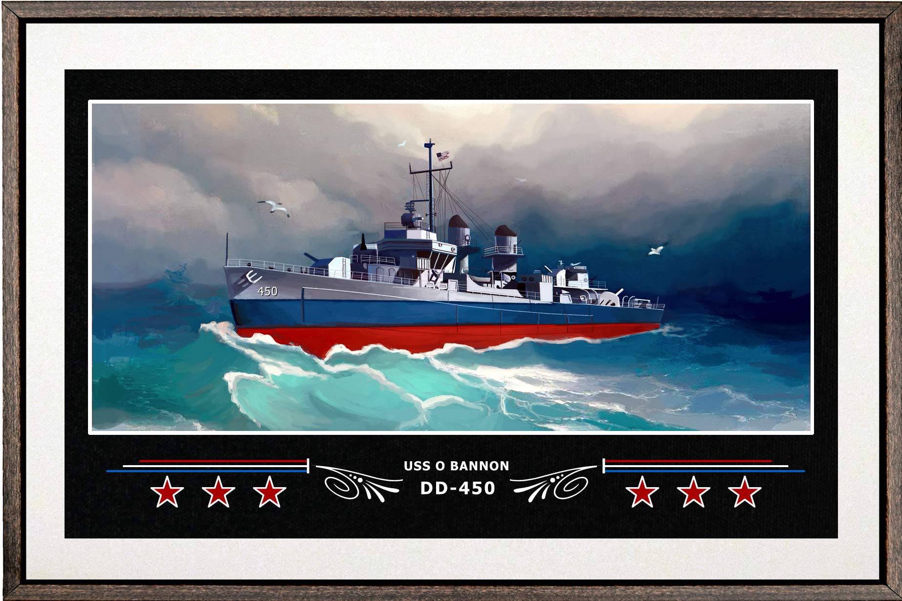 USS O'Bannon DD-450 Navy Ship Box Framed Canvas Art - White Wall Decor for Home Office, Living Room & Military Memorabilia Collection
