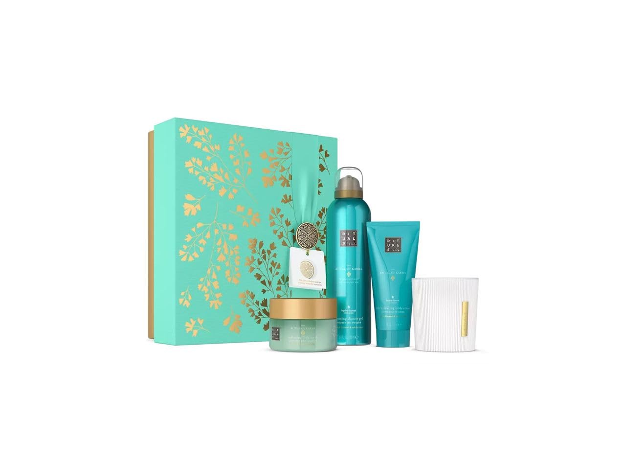 RITUALS The Ritual of Karma Luxury Gift Set - Foaming Shower Gel, Hydrating Body Cream, Exfoliating Body Scrub & Scented Candle - Relaxing Spa Experience for Self-Care & Gifting - Perfect for Home Spa, Birthday & Holiday Presents