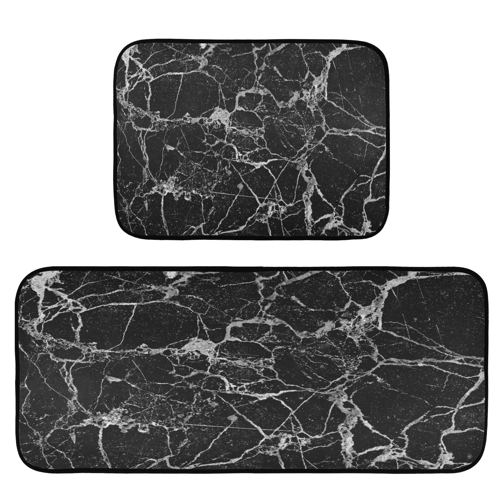 CaTaKu 2-Piece Non-Slip Kitchen Rug Set - Marble Texture Black Polyester Washable Floor Mats for Standing Comfort | Perfect for Kitchen, Laundry, Sink & Office Areas