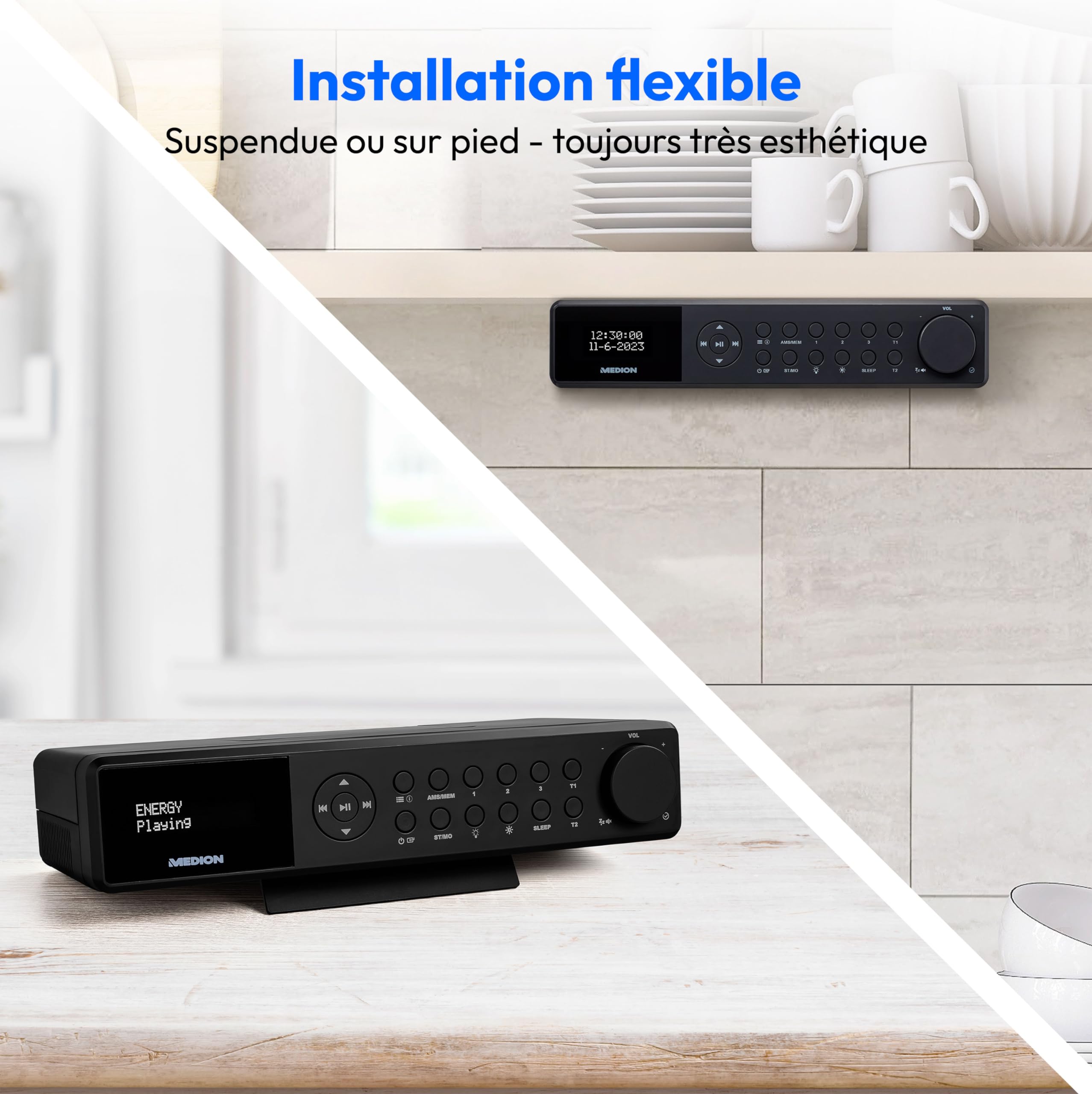 MEDION E6660 Built-in Kitchen Radio with Dab+/FM, Bluetooth, LED Light Bar & Cooking Timer – Modern Black Digital Radio for Cooking, Baking & Kitchen Entertainment