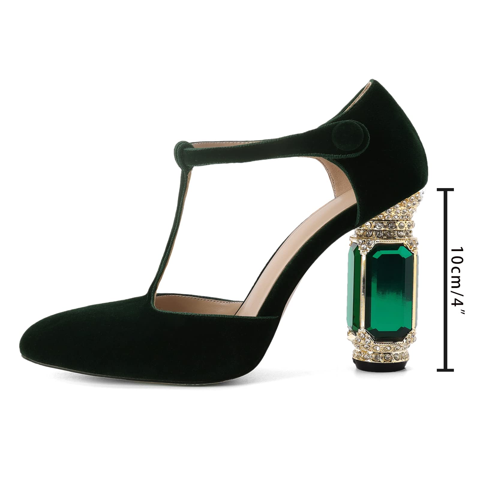MIRAAZZURRA Women's Crystal Block Heel T-Strap Dress Sandals - Round Toe High Heeled Pumps with Suede Buckle for Wedding, Bridal Party & Evening Events | Perfect for Prom, Cocktail Parties & Formal Occasions