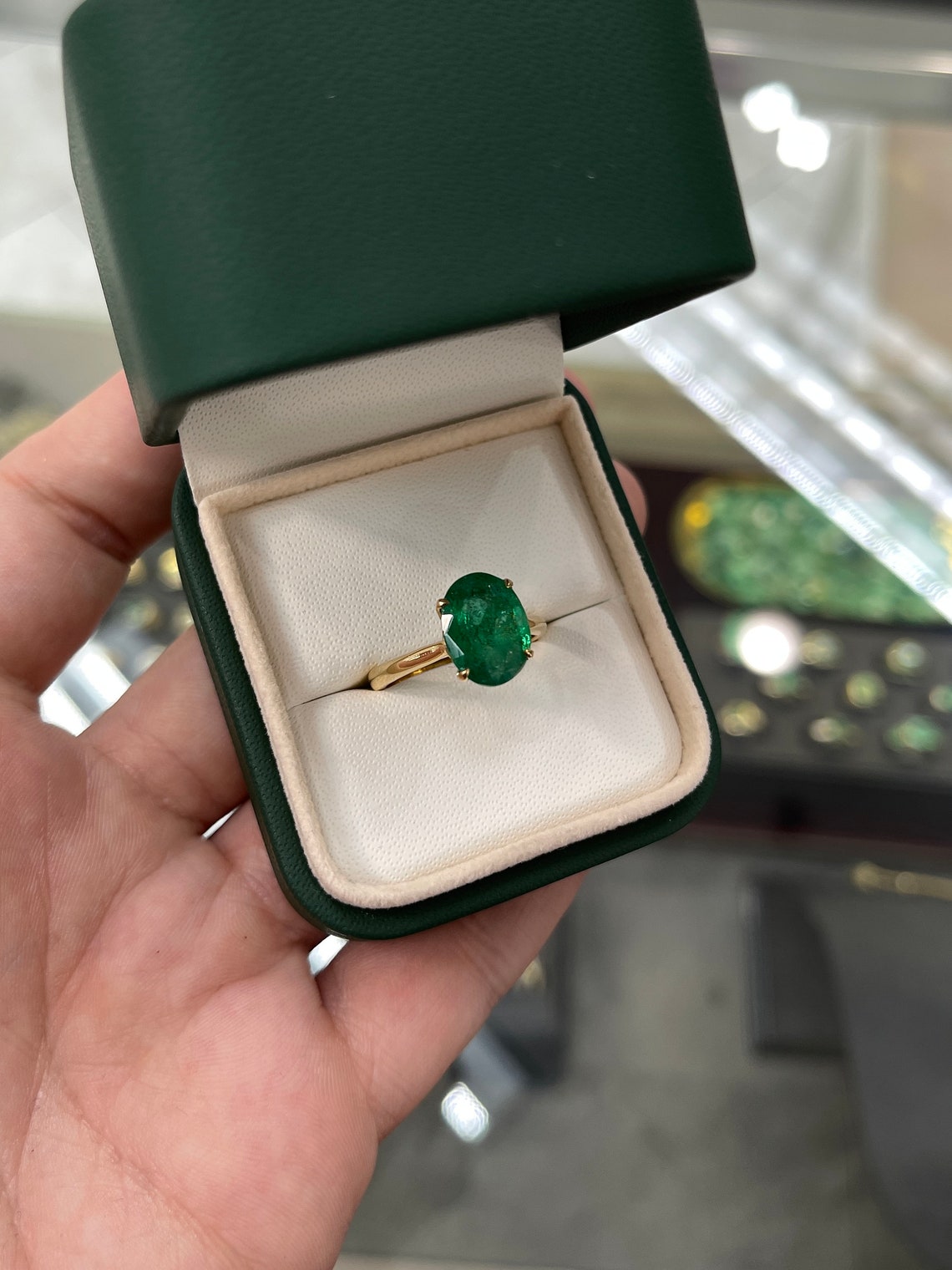 3.78ct Natural Dark Green Emerald Oval Cut Solitaire Engagement Ring in 18K Gold - Four Prong Setting for Wedding, Proposal & Anniversary Gifts