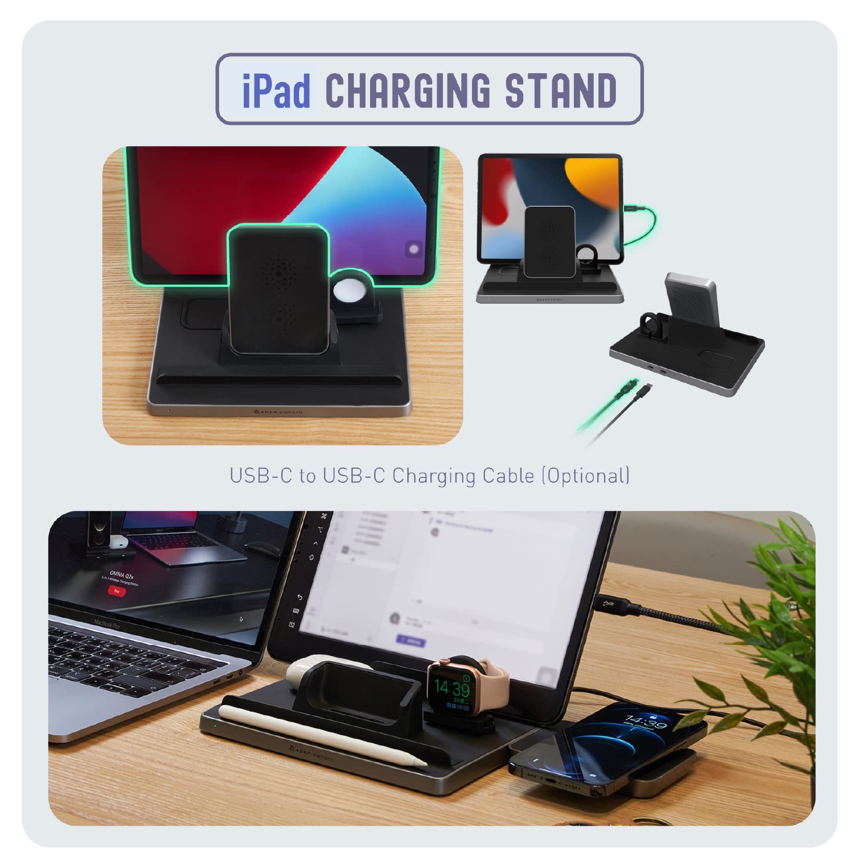 ADAM elements Omnia Q5 5-in-1 Wireless Charging Station - Qi-Certified Fast Charger for iPhone 8-16 Series, Apple Watch, AirPods 2/Pro, Apple Pencil 2 & Android Phones | Perfect for Home, Office & Travel Multi-Device Charging