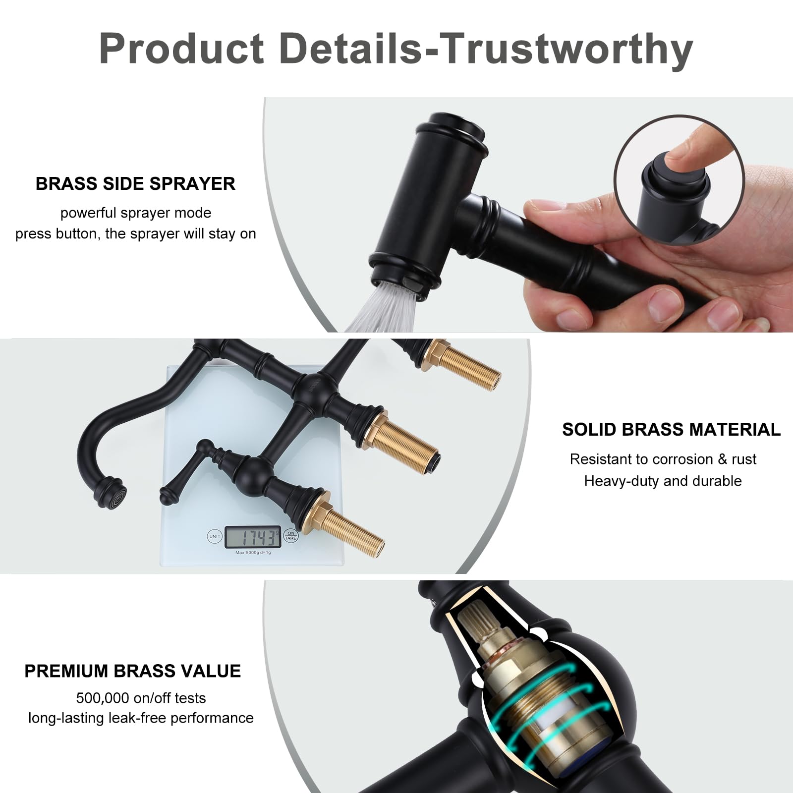 WOWOW Black Kitchen Faucet with Side Sprayer - 4 Hole Brass Sink Faucet, 2 Handle 8 Inch Centerset Bridge Design - Vintage Farmhouse Copper Finish for Modern & Rustic Kitchens - Perfect for Cooking, Washing Dishes & Food Prep
