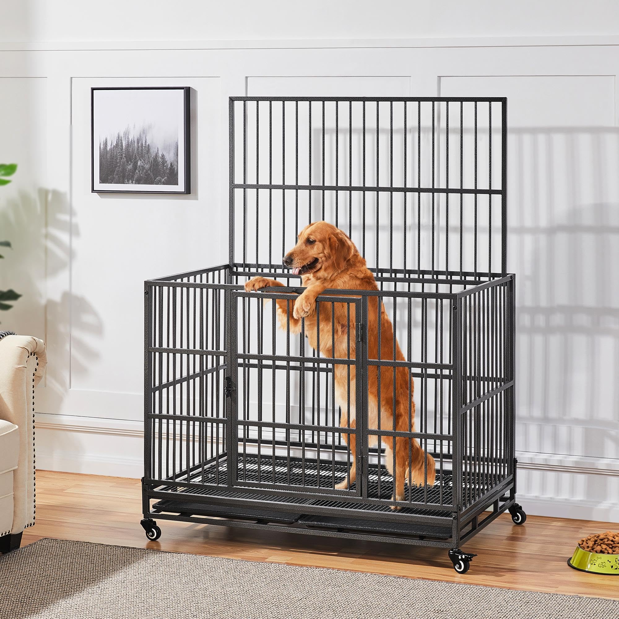 Yaheetech 42 Inch Heavy Duty Dog Crate - Large Indestructible Pet Kennel with 2 Doors, Lockable Wheels & Removable Tray - Indoor Outdoor Use for Dogs, Puppies, Cats - Perfect for Home, Travel, Vet Visits (42