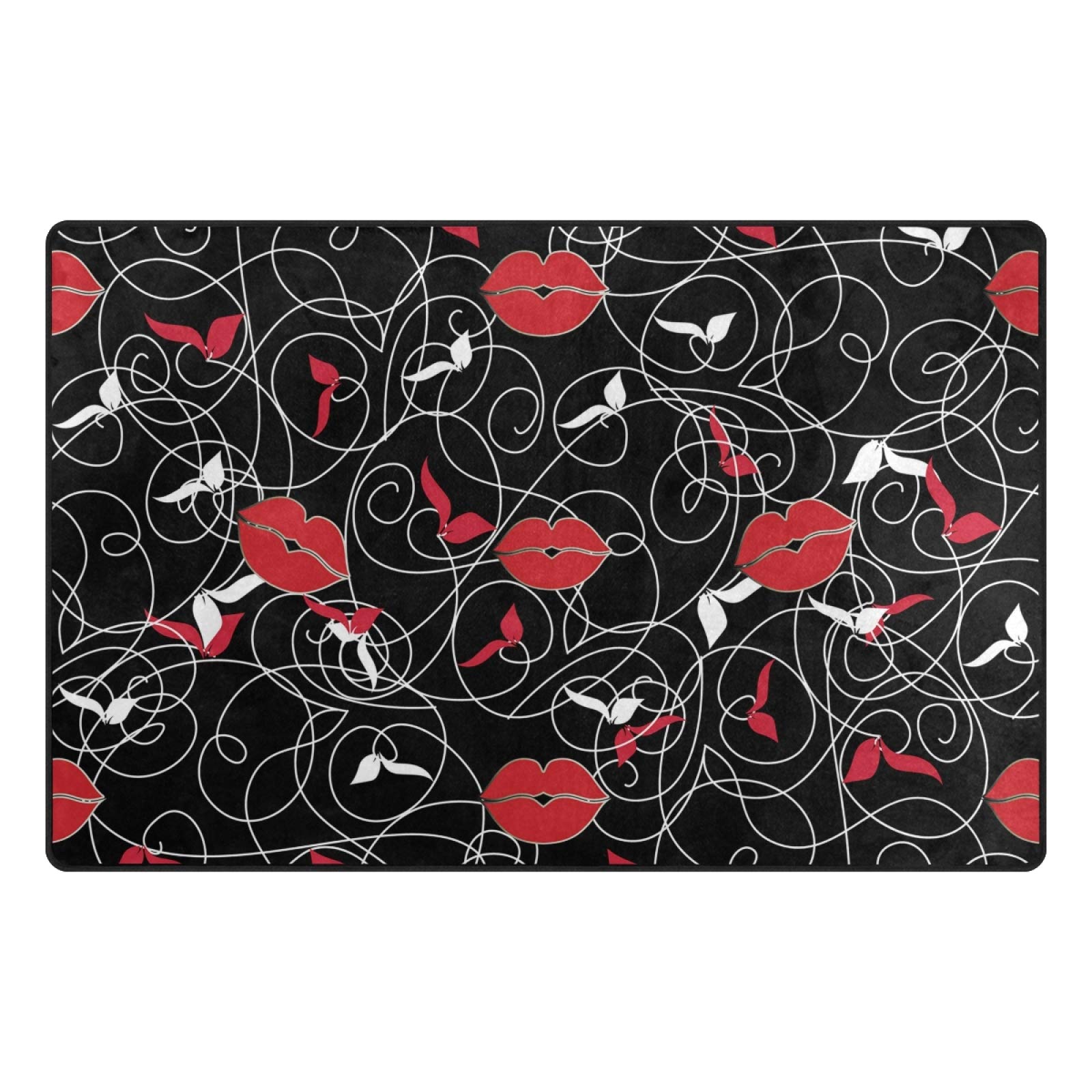 Stylish Black Area Rug with Red Lips & Floral Design - 60