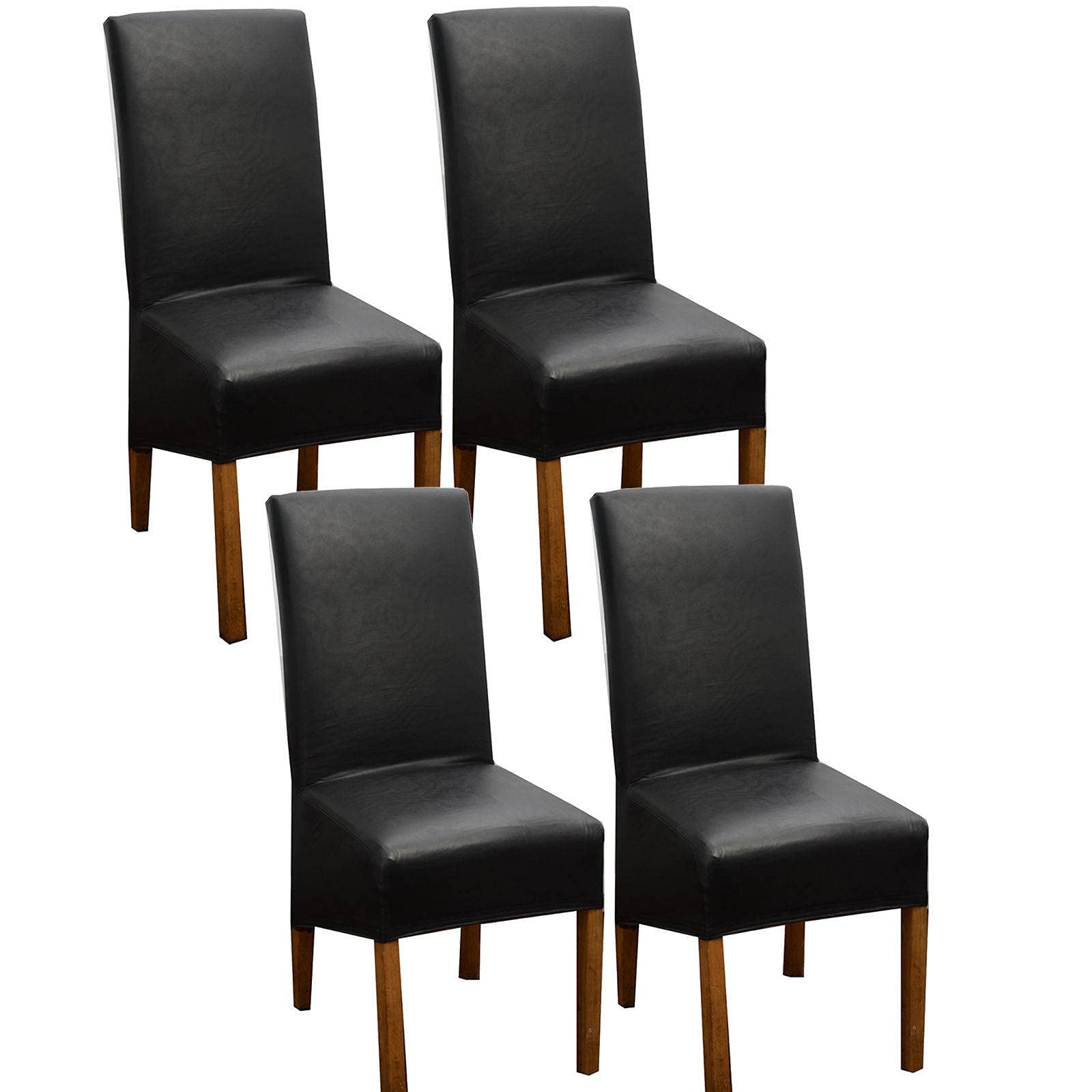 Premium PU Leather Stretch Dining Chair Covers - Waterproof & Oilproof Slipcovers - Set of 4 Black Removable Chair Protectors for Hotel, Restaurant, Wedding & Home Dining Room - Perfect for Everyday Use, Parties & Spill Protection