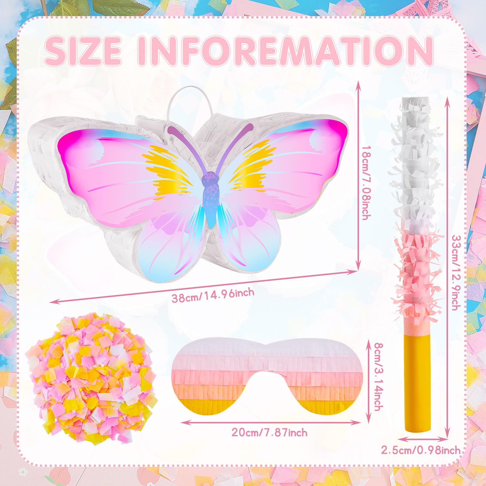 Butterfly Piñata Decorations with Stick, Blindfold & Confetti - Birthday Party Supplies for Fairy Woodland Theme, Photo Prop & Anniversary Decor - Perfect for Kids' Parties, Baby Showers & Gender Reveals
