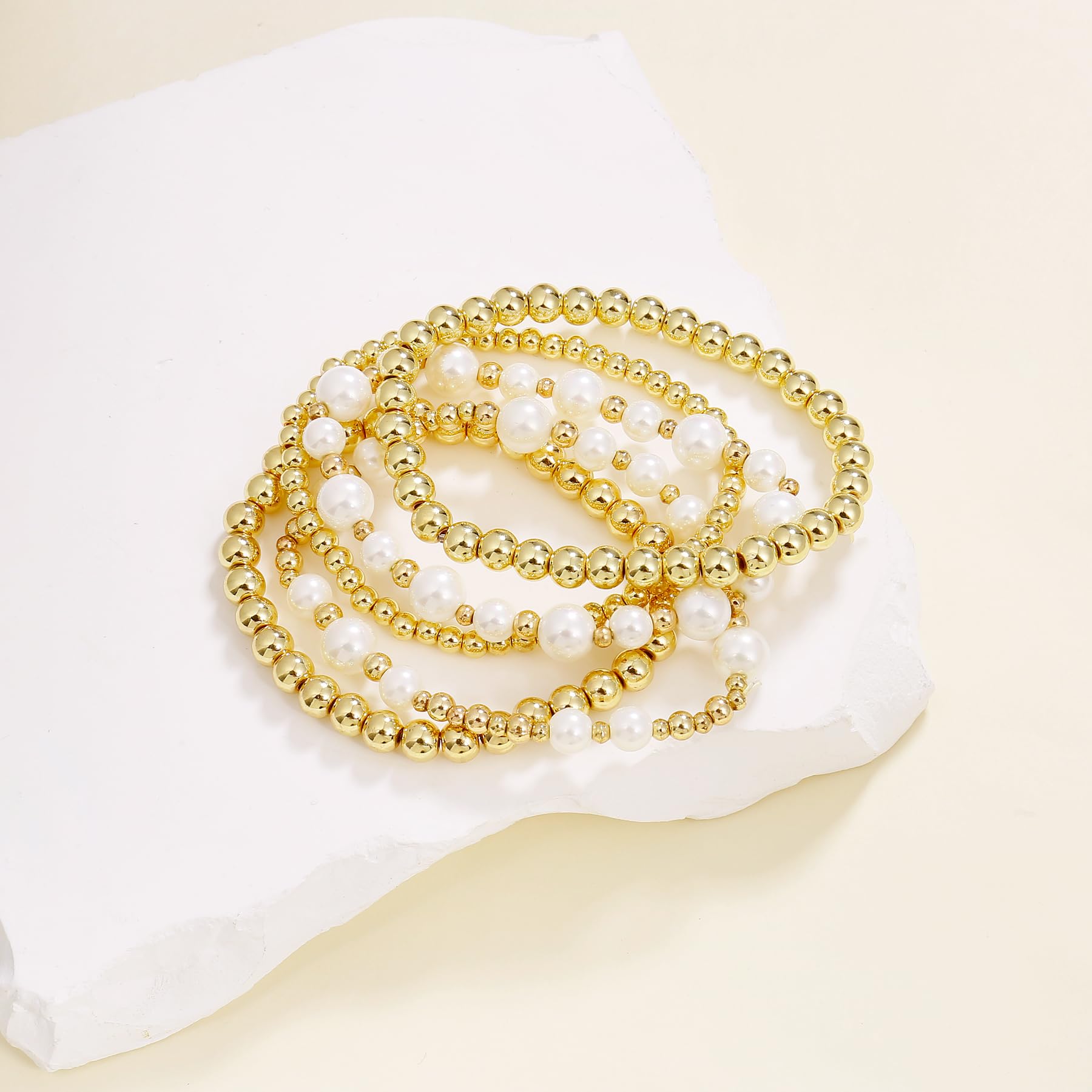 Gold Beaded Bracelets for Women - White & Black Beads, Gold Filled Stretch Elastic Stackable Bracelet Set, Trendy Dainty Layered Jewelry for Everyday Wear, Gift Giving & Special Occasions