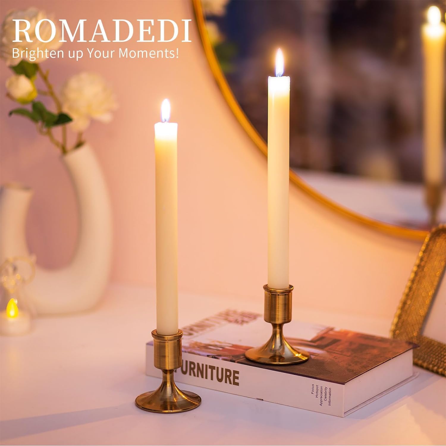 Romadedi 12-Piece Gold Brass Candlestick Holders for Taper Candles - Elegant Table Centerpiece for Weddings, Christmas Mantel Decor, Home Decoration & Holiday Celebrations