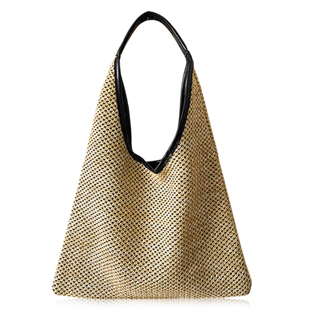 Boho Straw Tote Bag with Leather Handle - Beach & Travel