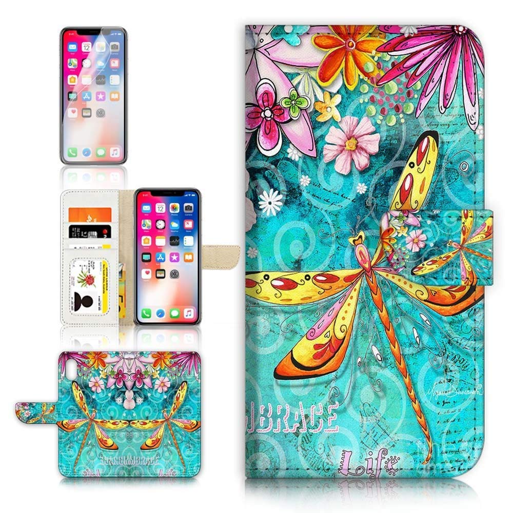 Premium Flip Wallet Case with Built-in Screen Protector for iPhone X & iPhone Xs - A21095 Dragonfly Design | Slim Protective Cover with Card Slots for Daily Use & Travel