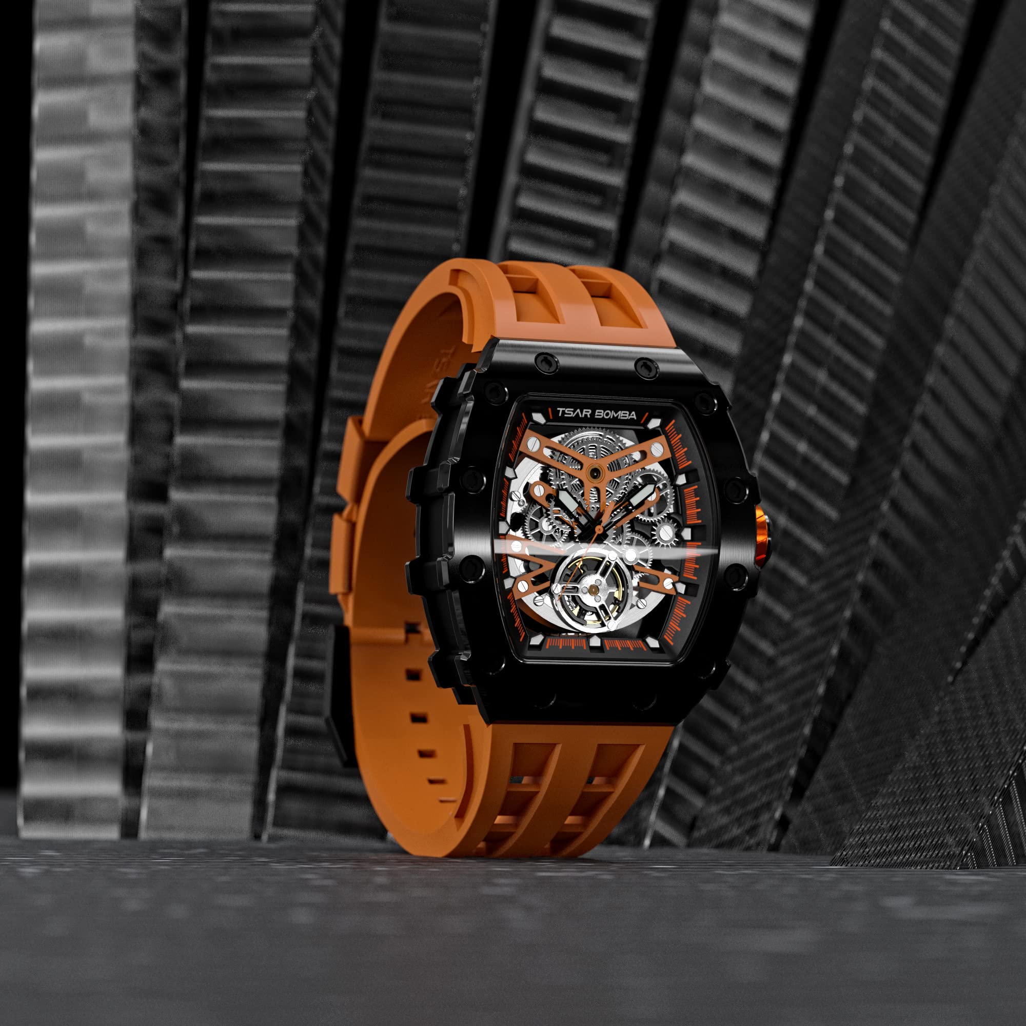 TSAR BOMBA Automatic Skeleton Mechanical Watch for Men - Carbon Fiber Bezel, 50M Waterproof, Silver Dial, Silicone Strap - Luxury Dress Watch for Business, Formal Events & Everyday Wear - Unique Stylish Mens Wristwatch